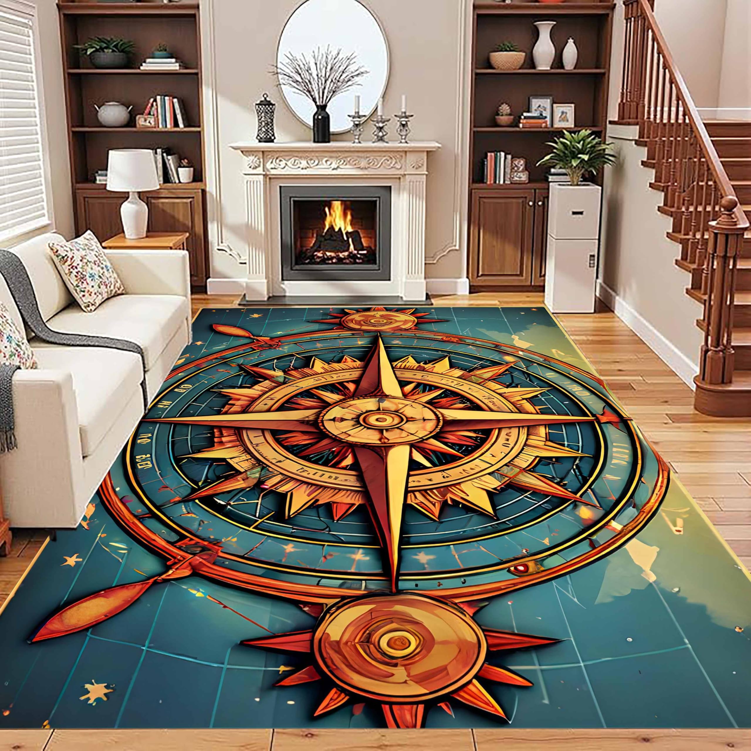 Vintage Ocean Area Rug,180x300cm, Nautical Adventure Yellow Compass Navy Blue Carpet, Cartoon Coast Beach Theme Rug for Children Boy Girl Teen Room Decoration, Soft and Durable Without Shedding
