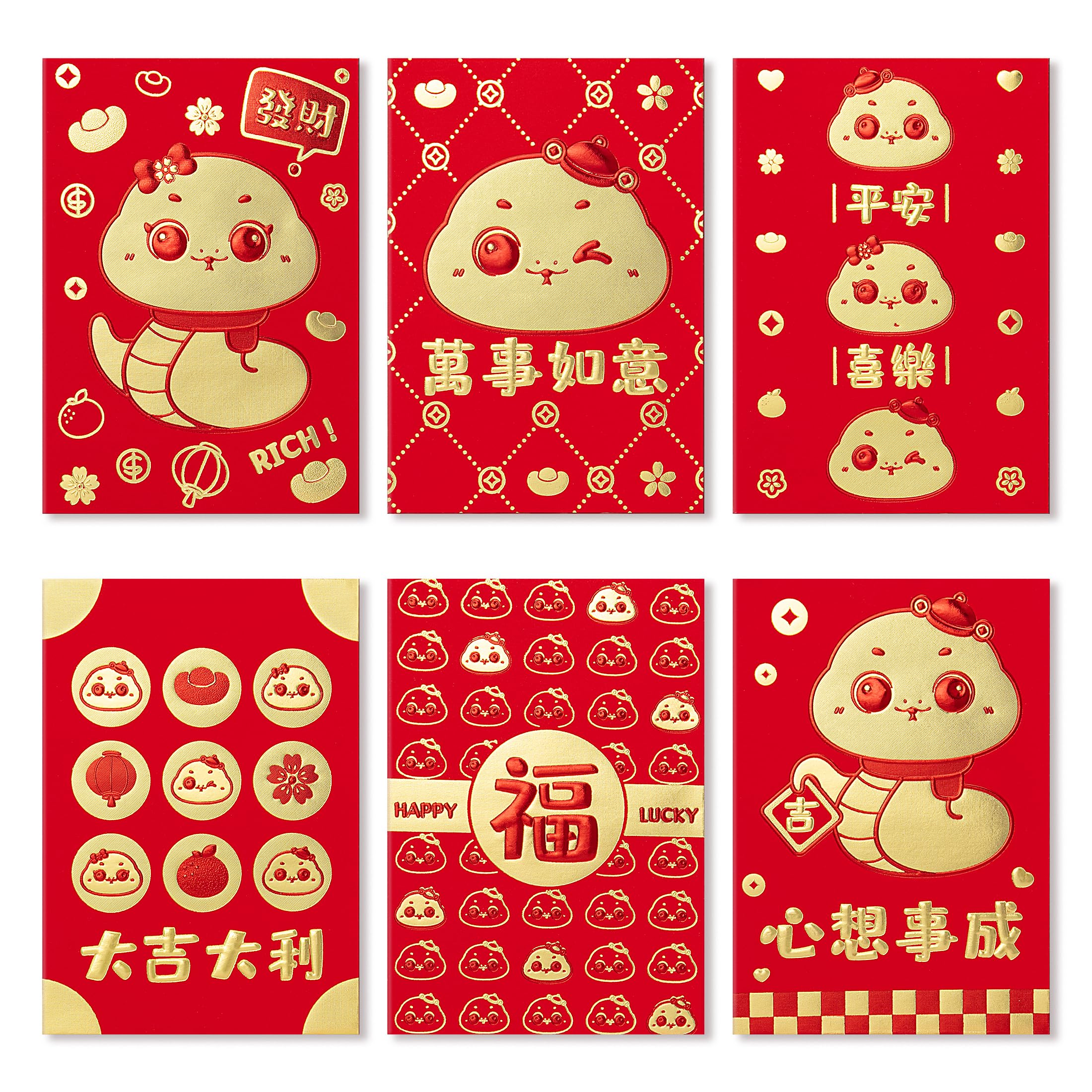 ThxToms36pcs Red Envelopes for Year of The Snake, Cute Cartoon Snake, 6 Designs, Money Envelopes for Cash, Lunar Year Spring Festival Hong Bao
