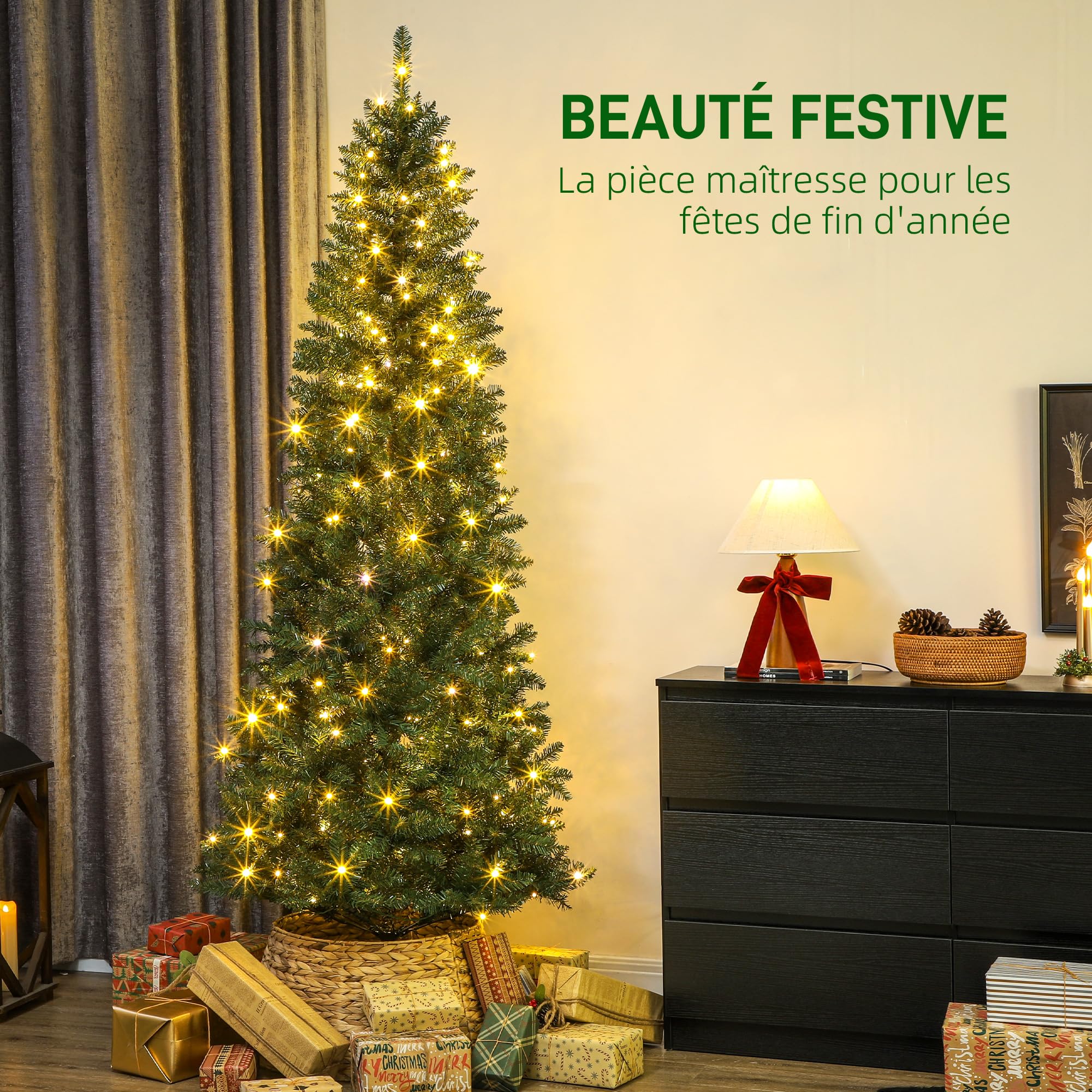 HOMCOM Sapin de Noël Artificiel 210 cm 350 Lumières Blanches Chaudes Vert | Arbre de Noël Fin, Lumières Multicolores, 9 Modes d'Éclairage, 1273 Pointes de Branche Articulée, Support en Métal Pliable