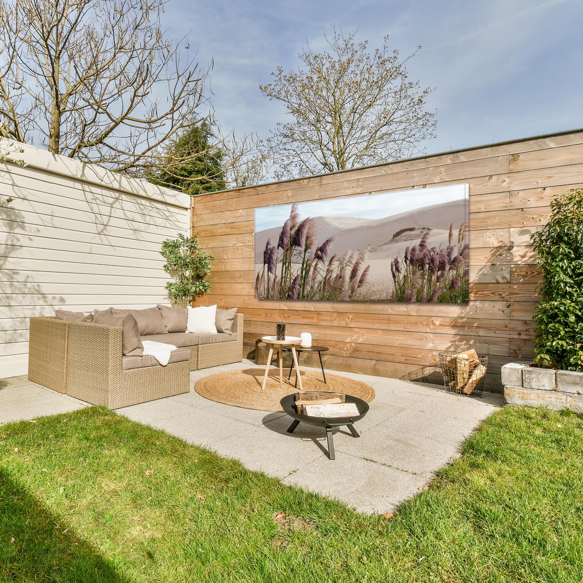 Outdoor Leinwand Bild 200x100 cm Gartenbild Wetterfest Terrasse Deko Balkon Wandbild Außendekoration Modern Draußen Pampasgras - Sand - Pflanzen - Düne