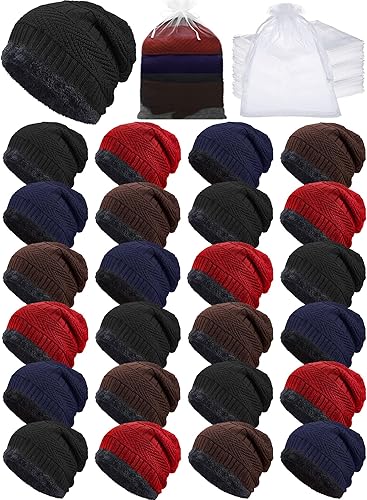 Jamntower 24 Set 48 Pcs Kids Hats Winter Bulk with Bags, Fleece Beanies for Boys Girls, School Church Homeless Donation Wholesale (Chic Color)