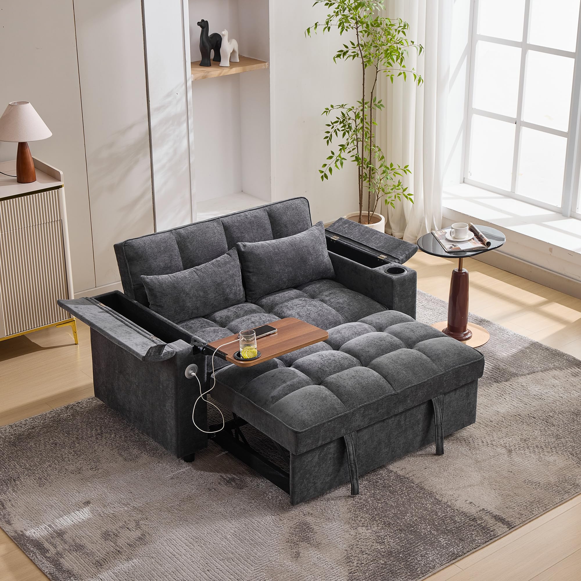 Merax Schlafsofa 3-in-1 Ausziehsofa 140x74x82 cm, 2-Sitzer Sofa mit Schlaffunktion, verstellbare Rückenlehne, USB & Typ-C, Daybed mit Getränkehalter und Stauraum, Ausziehbares Loungesofa Grau