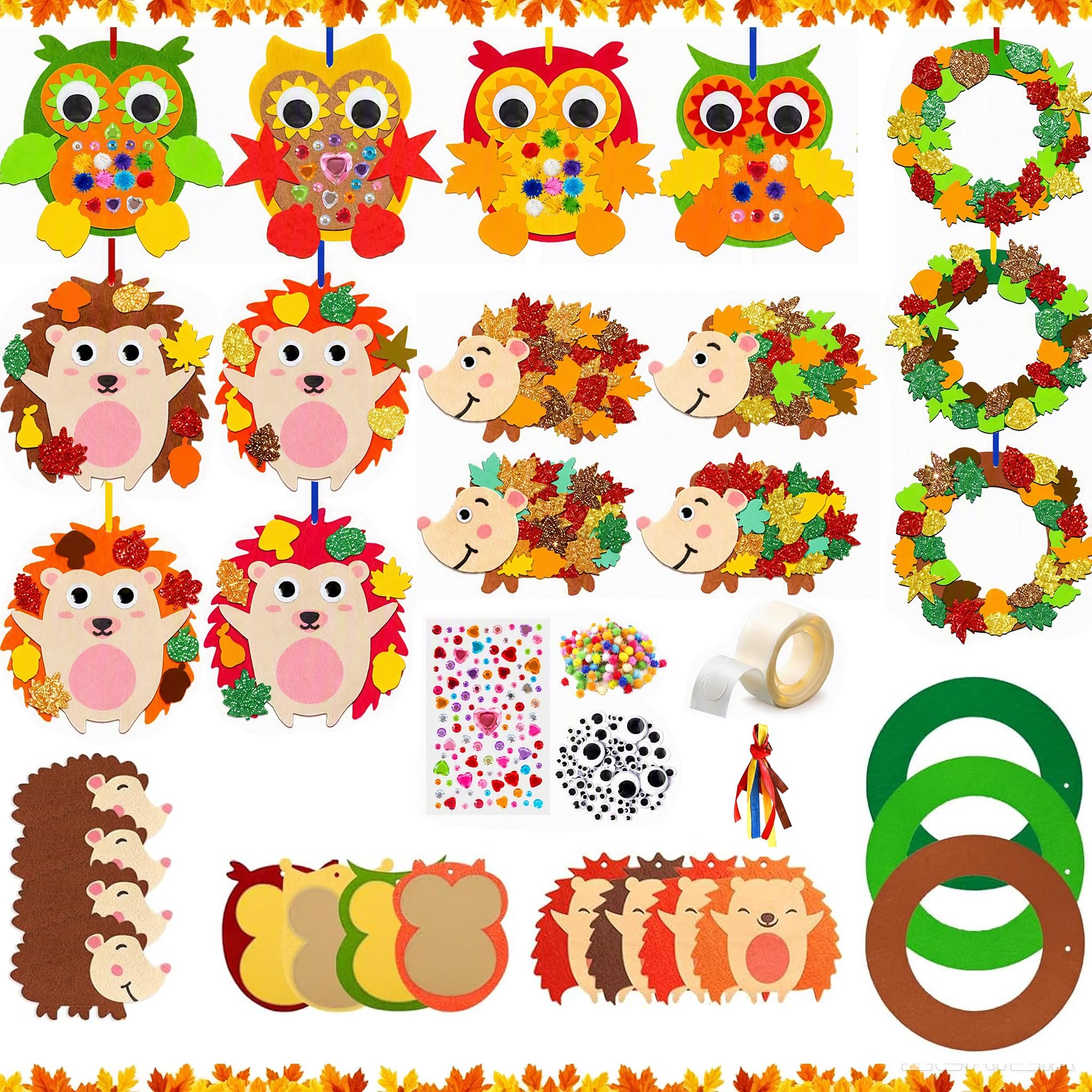 BRTNUP Autumn Craft Kit, 15 Pcs Autumn Owl Hedgehog Wreath DIY Felt Set