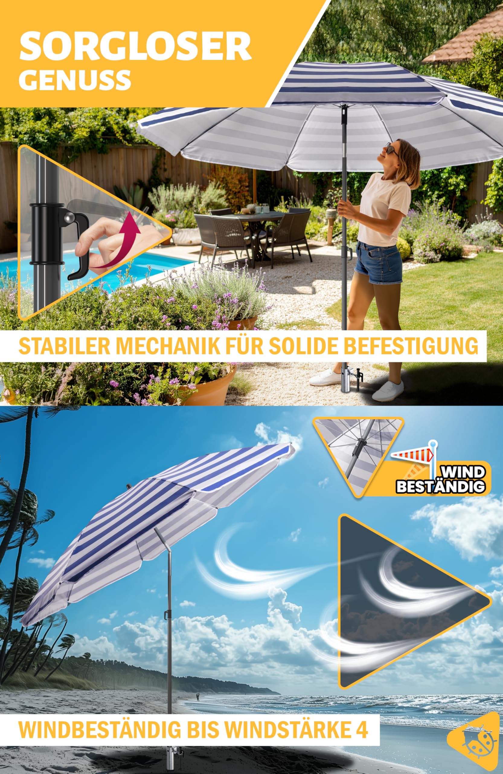 Menz Sonnenschirm Strand in Blau-Weiß - 3er Set inkl. Strandschirm windfest stabil + Rasendorn Sonnenschirmhalter + Sonnenschirmhülle, Sonnenschirm mit Rasendorn, robuster Schirmspieß für Garten
