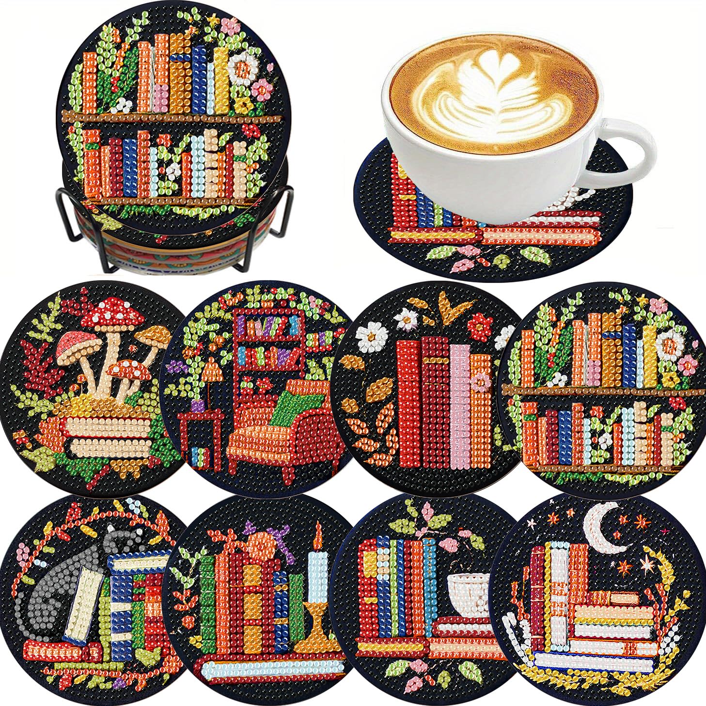 8 Pcs Diamond Art Coasters Kit Bookshelf- DIY 5D Mini Diamond Painting Coasters with Holder, Small Diamonds Arts Kits for Adults Coaster, Gem Art Arts and Crafts for Adults — image 1