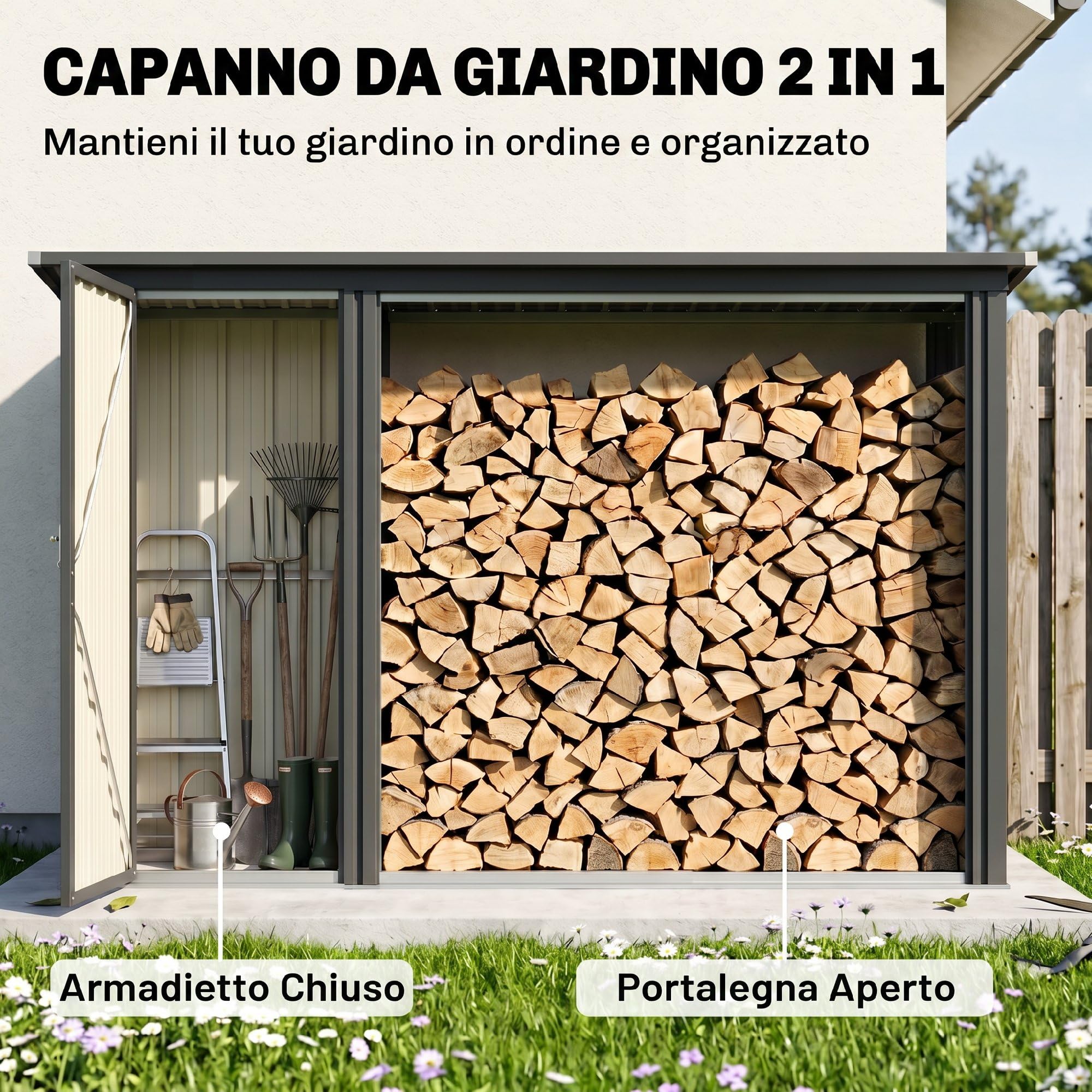 Outsunny Portalegna da Esterno 2 in 1 1.26 m² con Tetto inclinato Grigio | Armadietto Porta Attrezzi, Legnaia da Esterno in Acciaio Zincato, Capanno Casetta Porta Legna