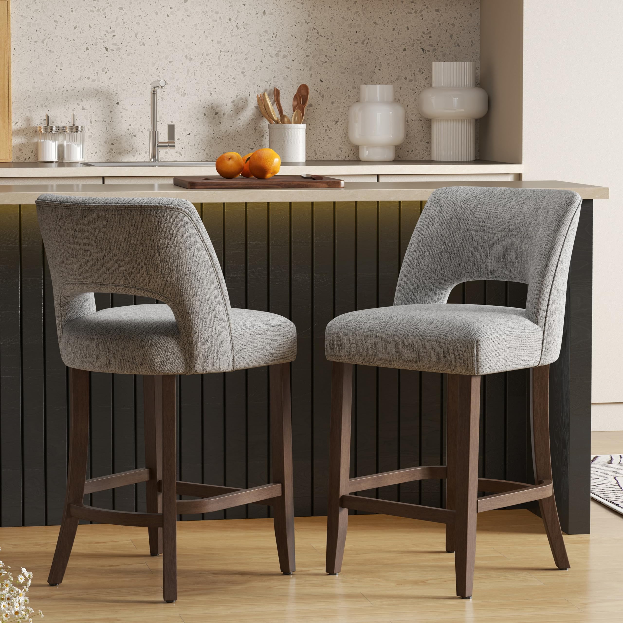 VKNOW Bar Stools Set of 2, 26" Fabric Counter Height Bar Stools, Grey