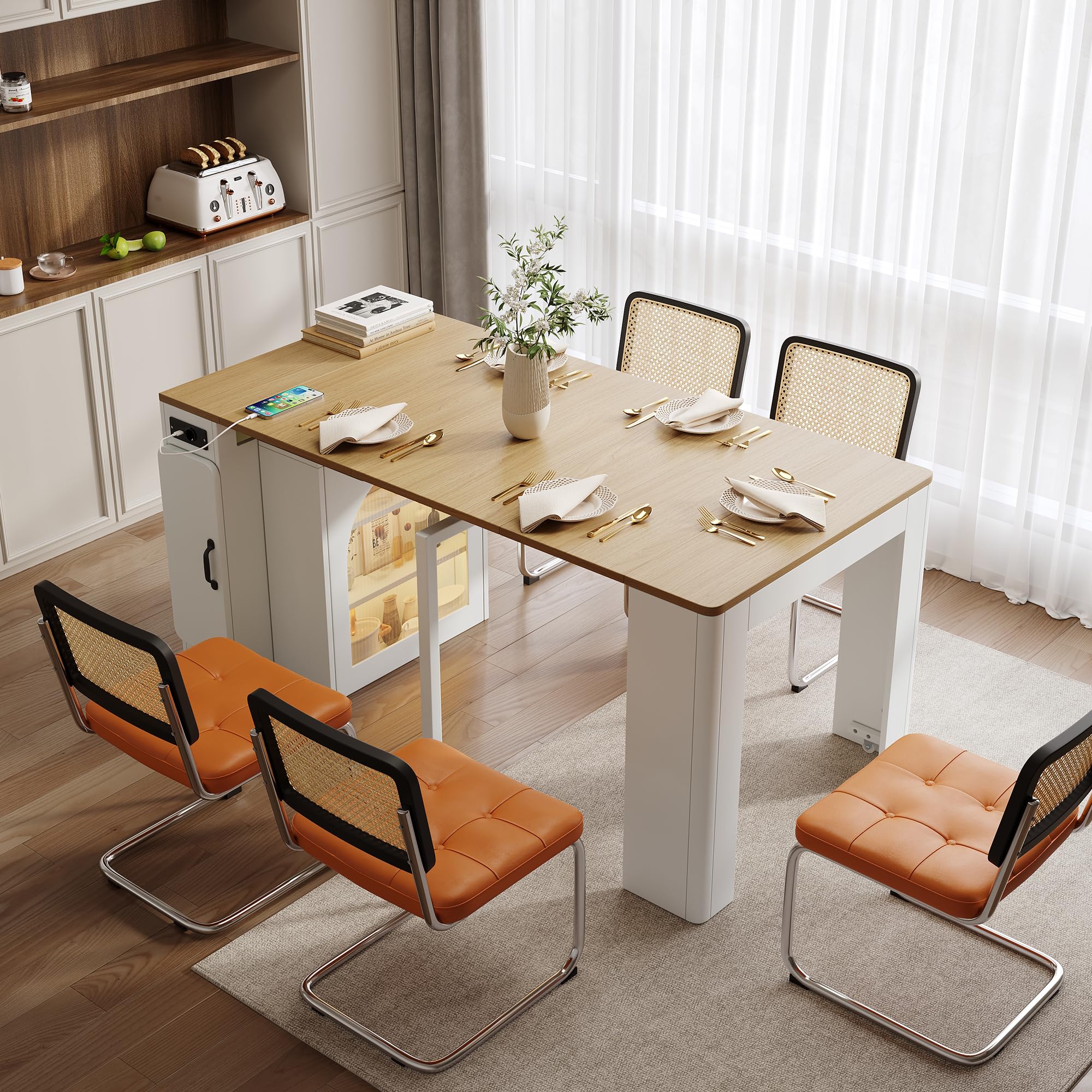 Isla de cocina extensible 149,5 x 80 x 77 cm, con superficie de trabajo extraíble, mesa bar con enchufe múltiple integrado, aparador con dos cajones y amplio espacio de almacenamiento (blanco)