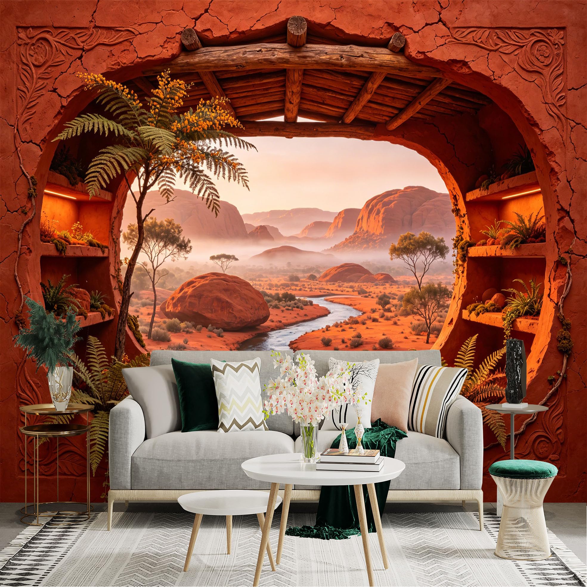 Custom Size Wall Sticker Mural， Desert Canyon View with River， Red Rocks and Succulent Plants， for wall Decoration， peelandstick wall Decals.