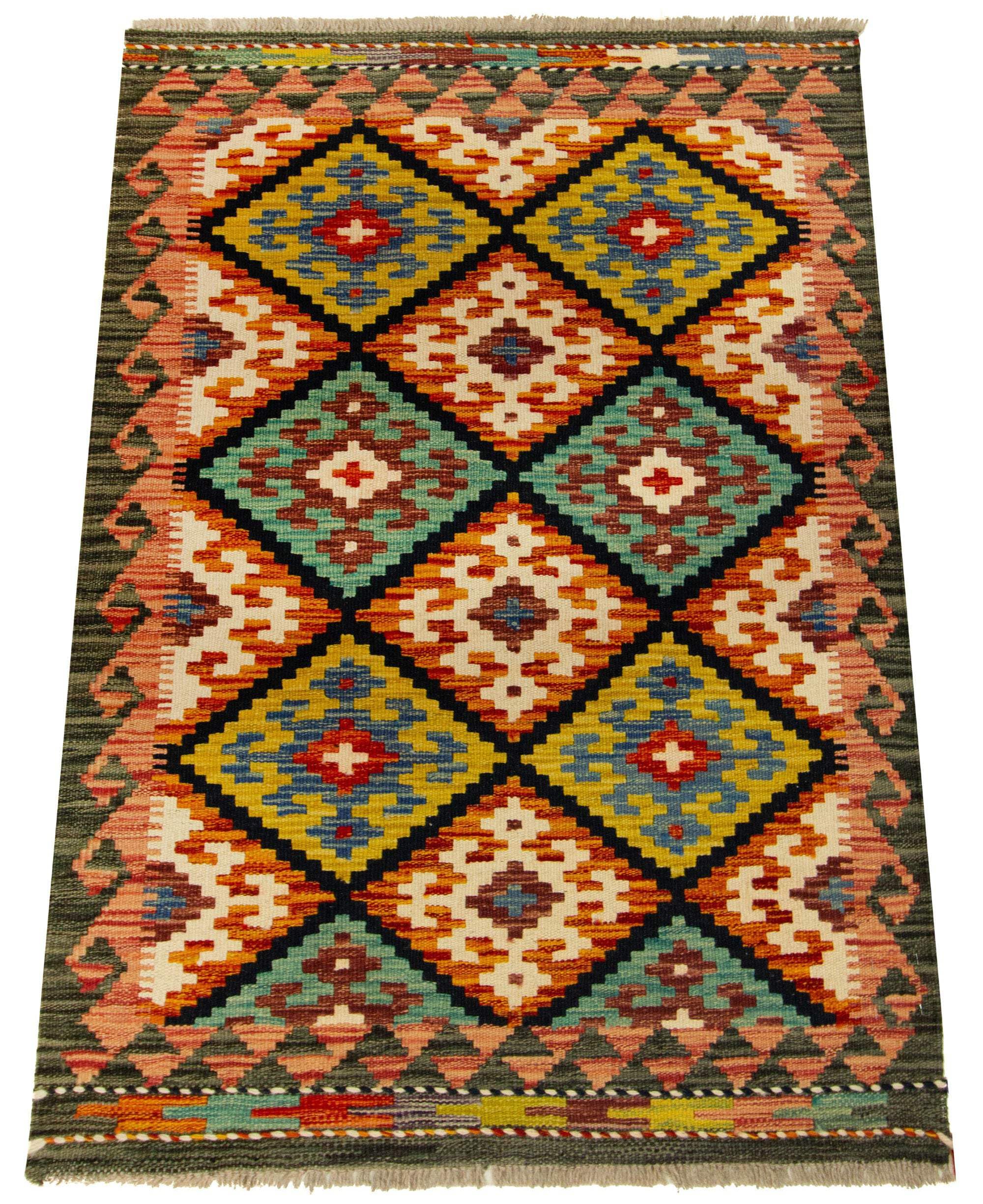 Kilim Tapis 100 % laine 126 x 80 cm, fait à la main, pièce unique de style Herat Boho multicolore, tissage plat, tapis d'entrée et chambre