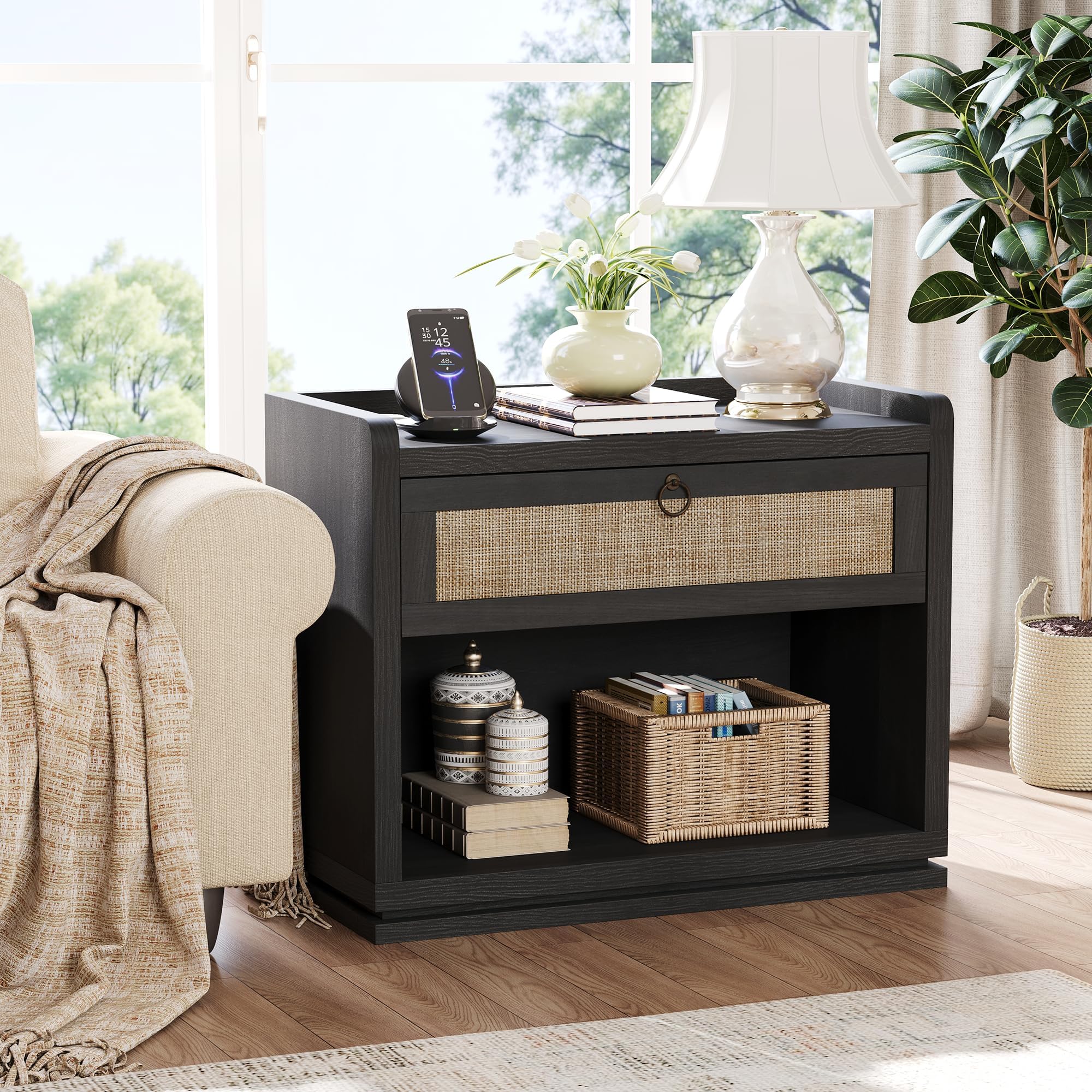 31" Wide Rattan Nightstand with Charging Station, End Side Table