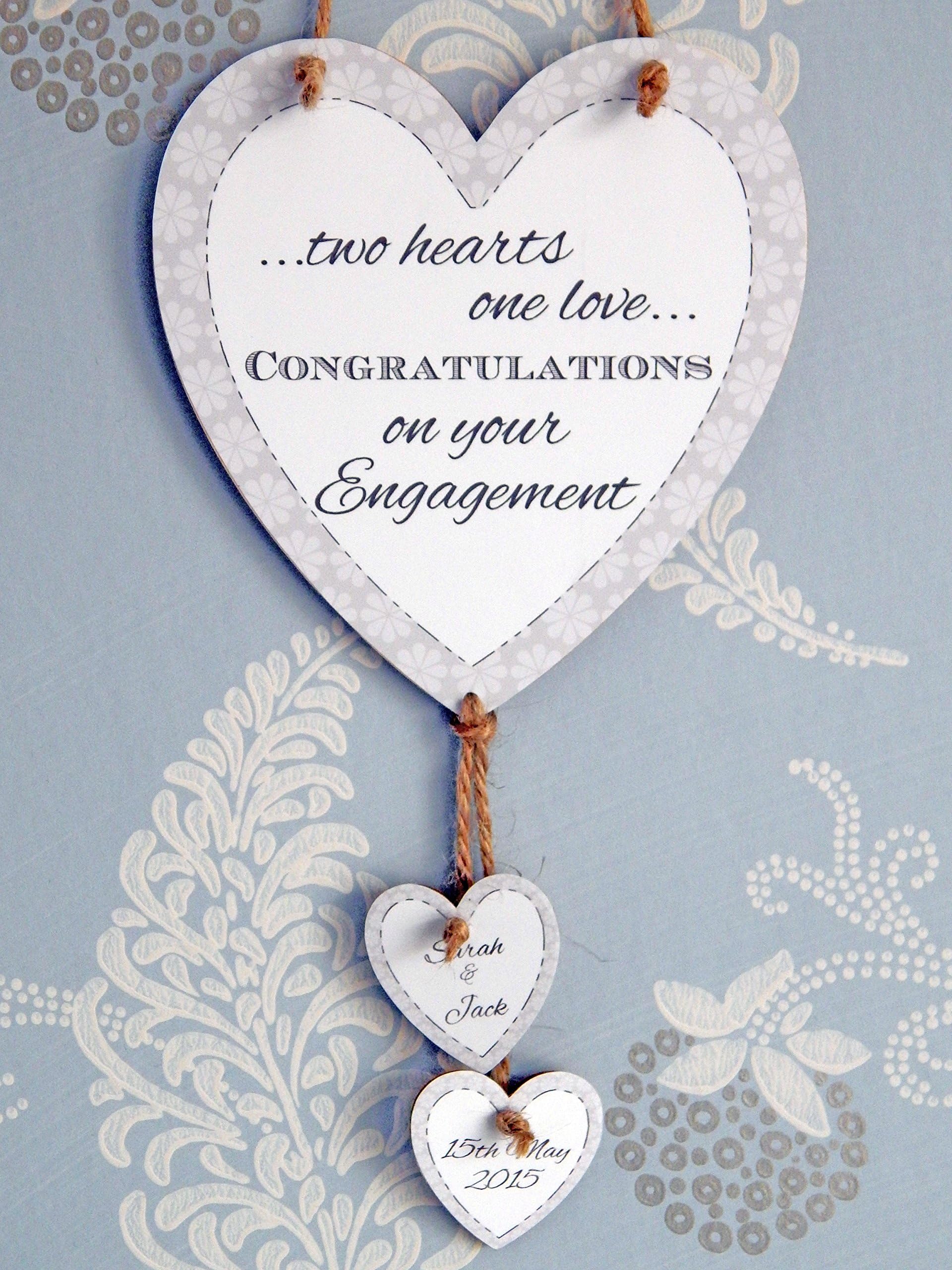 judilicious Two Hearts One Love Congratulations On Your Engagement Love Heart Plaque Personalised Names - Gift for an Engaged Couple with Hanging Hearts - Handmade in the UK