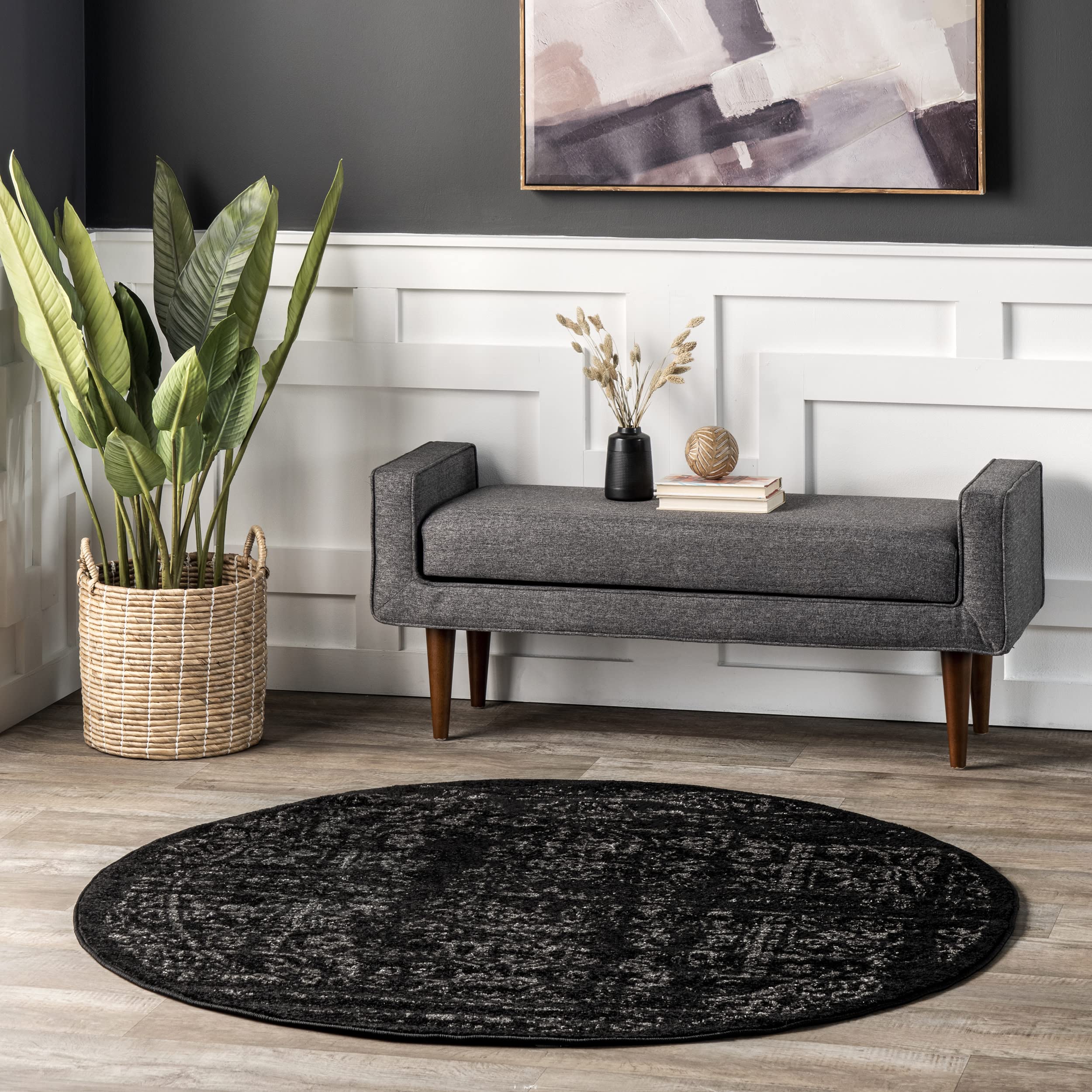nuLOOM Arlena Vintage Area Rug, 5' Round, Black