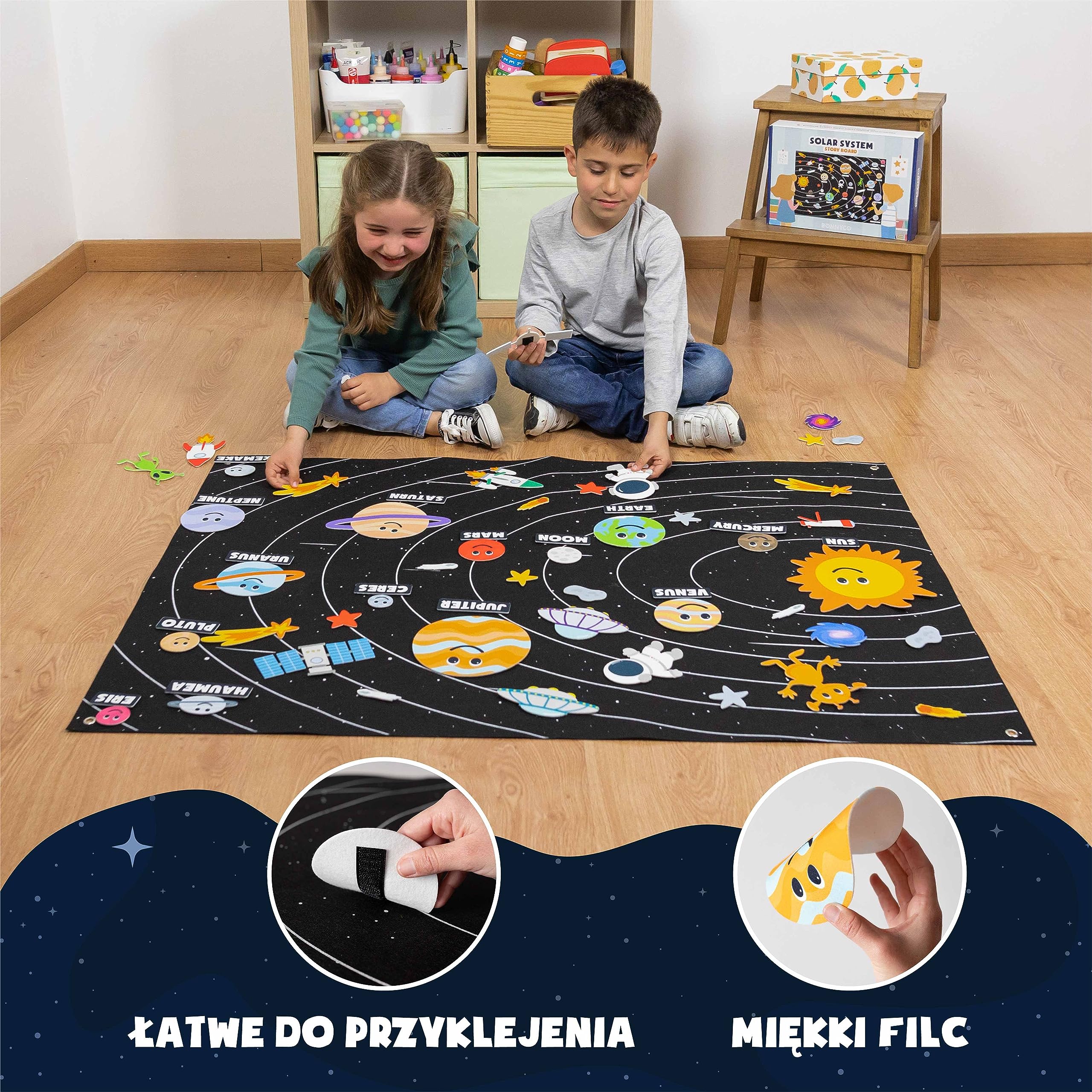 BONNYCO Układ Słoneczny dla Dzieci z 61 Filcowymi Figurkami. Chłopcy, Dziewczynki, Prezenty Urodzinowe. Zabawki Montessori, Planety Filcowe na Prezenty dla Dzieci 3 4 5 6 7 8 Boże Narodzenie
