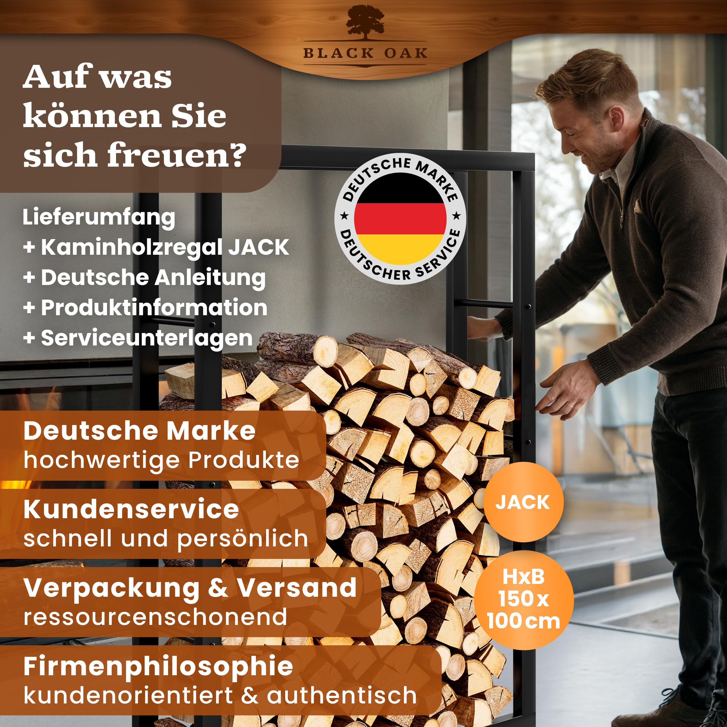 BLACK OAK Kaminholzregal JACK 150x100x25cm schwarz bis 800kg Metall Stahl pulverbeschichtet rostfrei