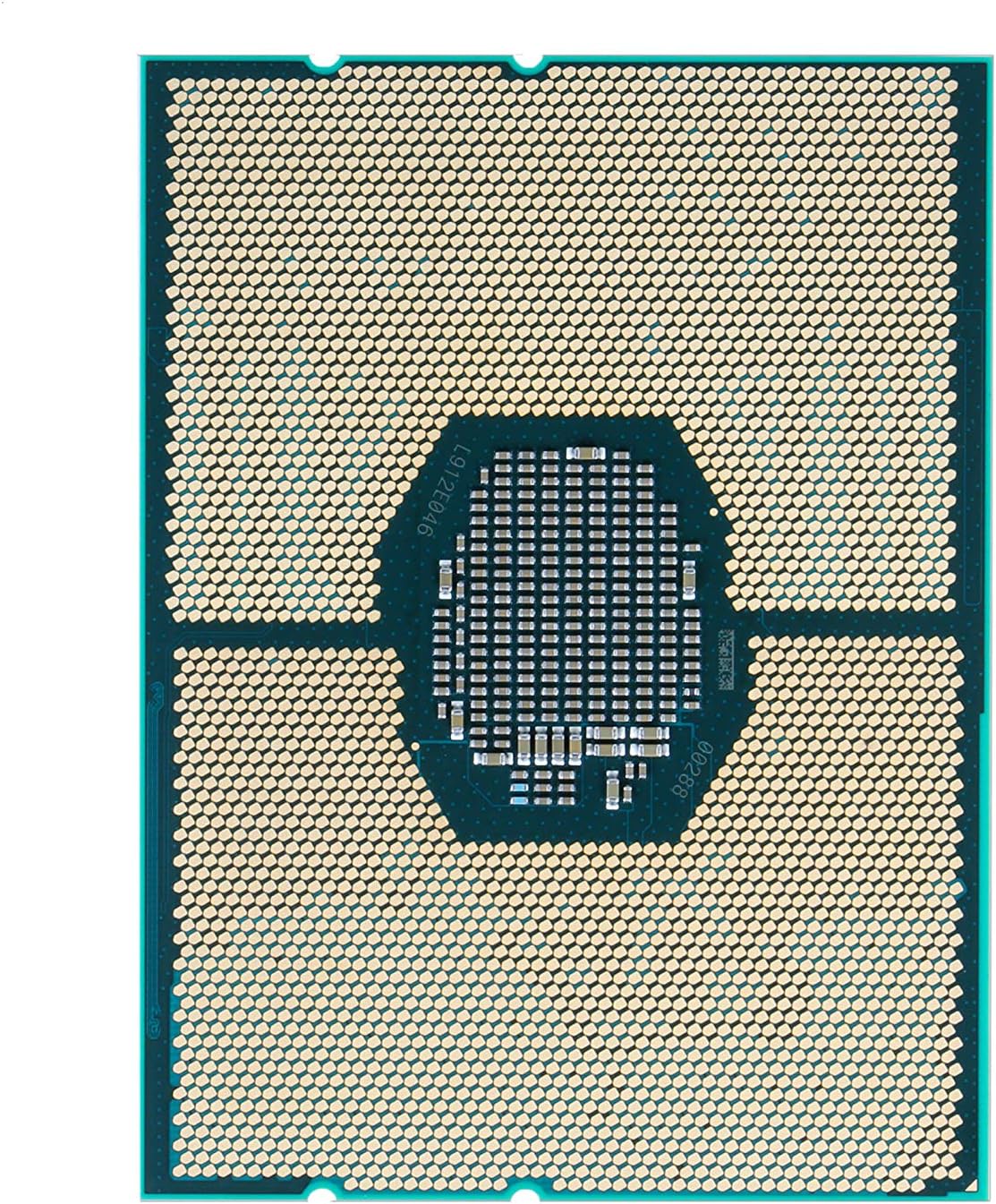 Rug view of the Intel Xeon Gold 6230 processor, showing the LGA 3647 contact pads arranged in a grid pattern.