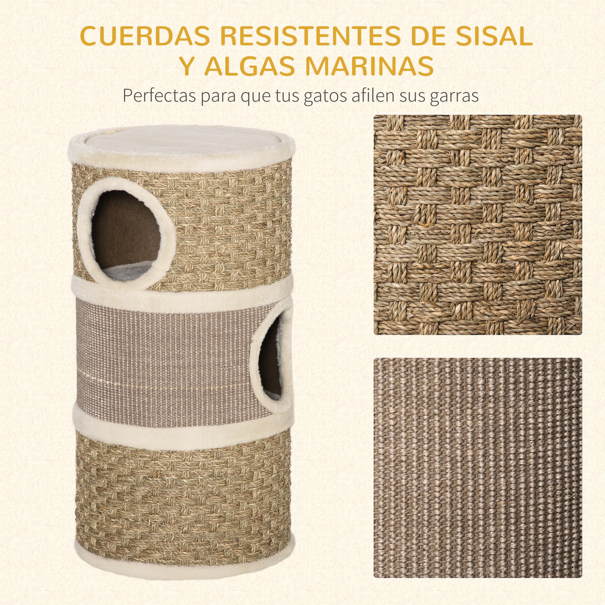 PawHut Barril Rascador para Gatos de 3 Niveles, Altura 70 cm, Torre para Gatos con Cama, Cubierto de Sisal, Árbol Rascador, Ø37,5x70 cm, Caqui y Café
