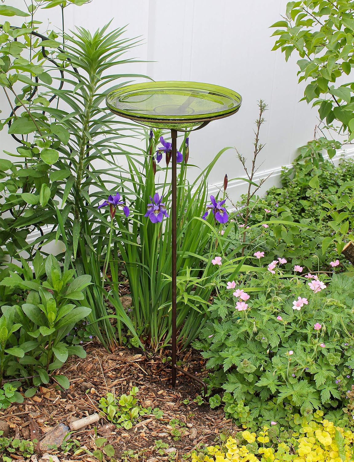 Achla Designs Crackle Glass Birdbath Bowl with Stake, 14-in, Fern Green