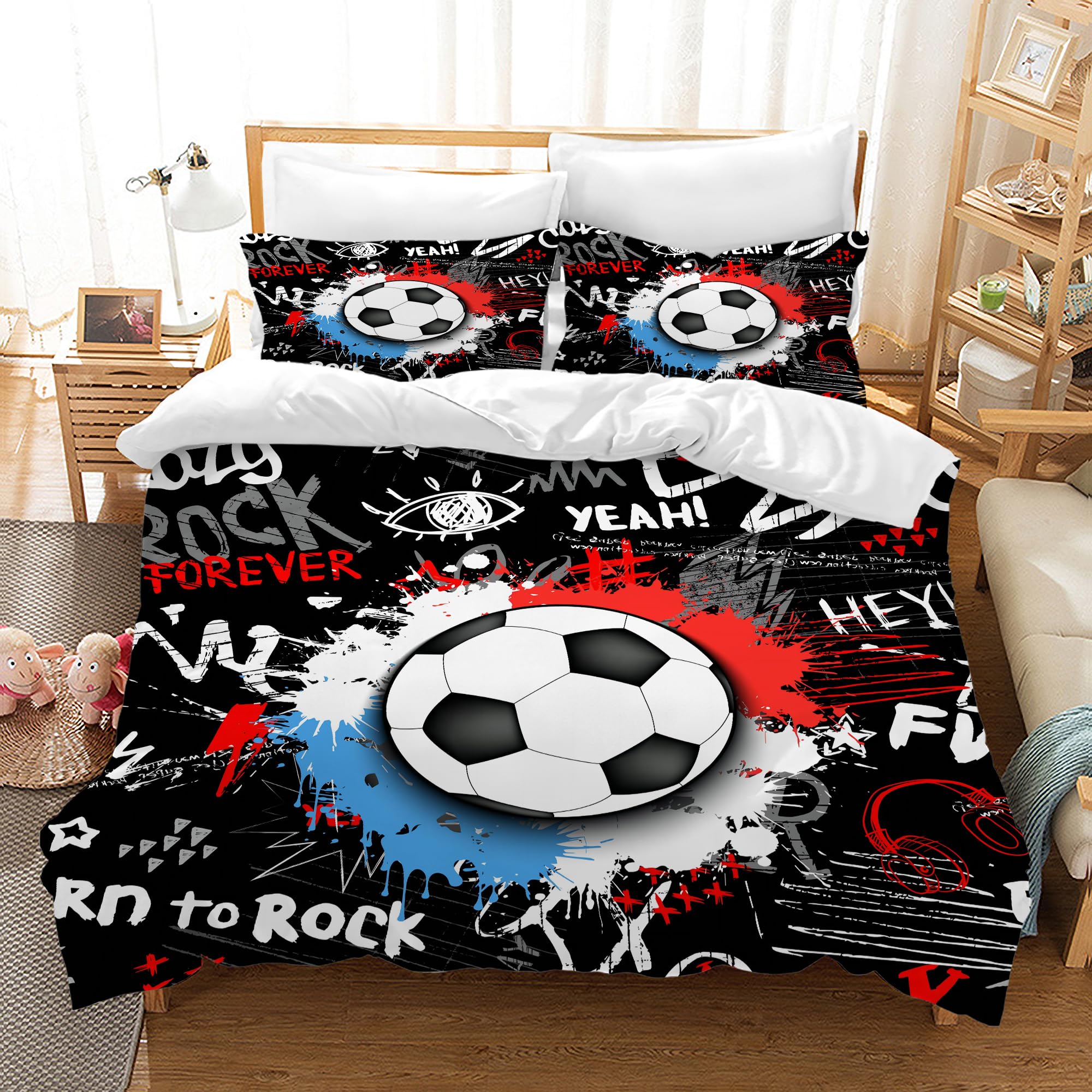 AVJWWD Football Sport Bedding Duvet Cover Set Soft Microfiber Soccer Pattern Bedding Set with Zipper Closure and 2 Pillowcases for Kids Adults (Football E, 135x200cm)