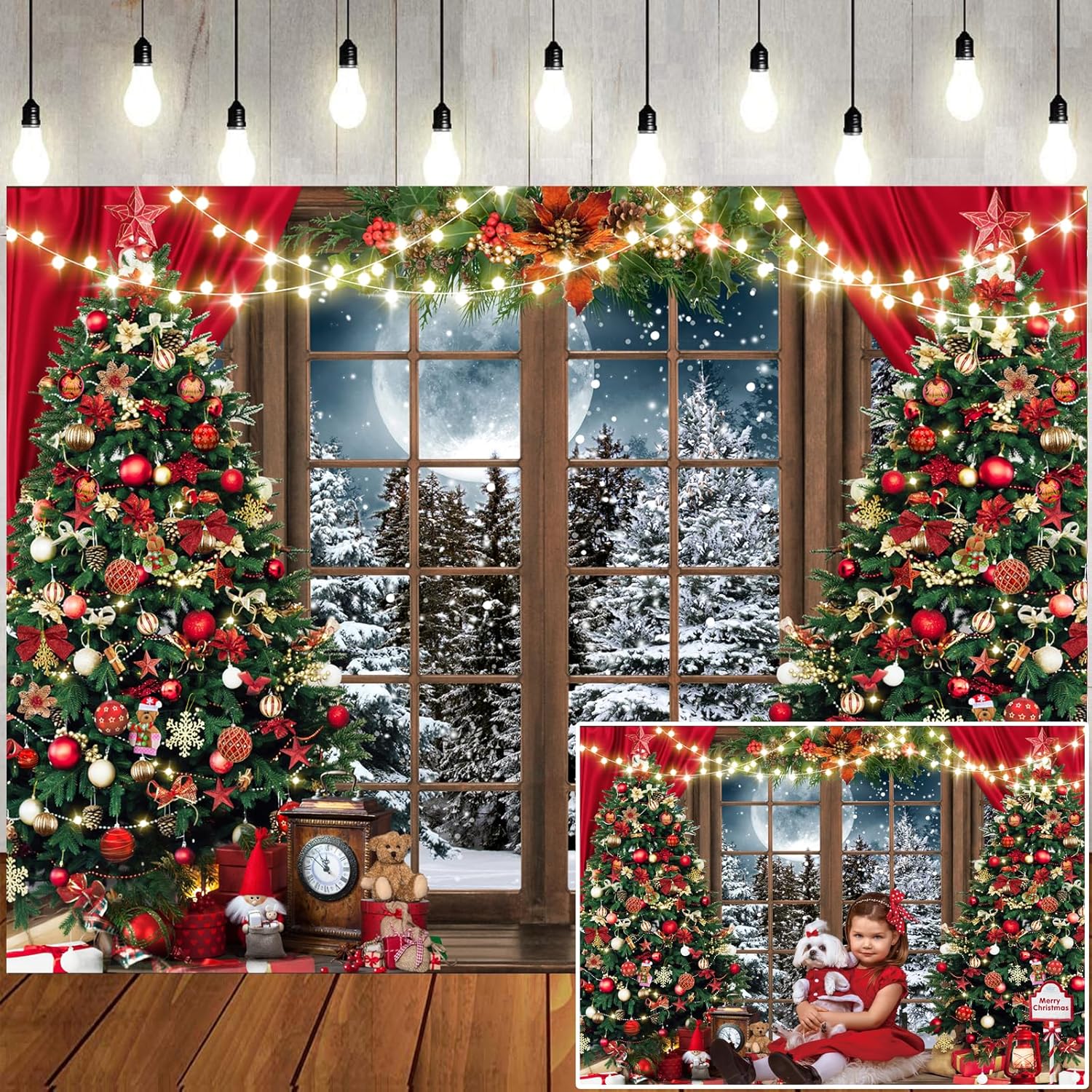 10x8ft Christmas Window Backdrop Snowy Winter Holiday Photo Booth Banner Xmas Tree Decor Backdrop Xmas Party Background Family Holiday Photography Background 229