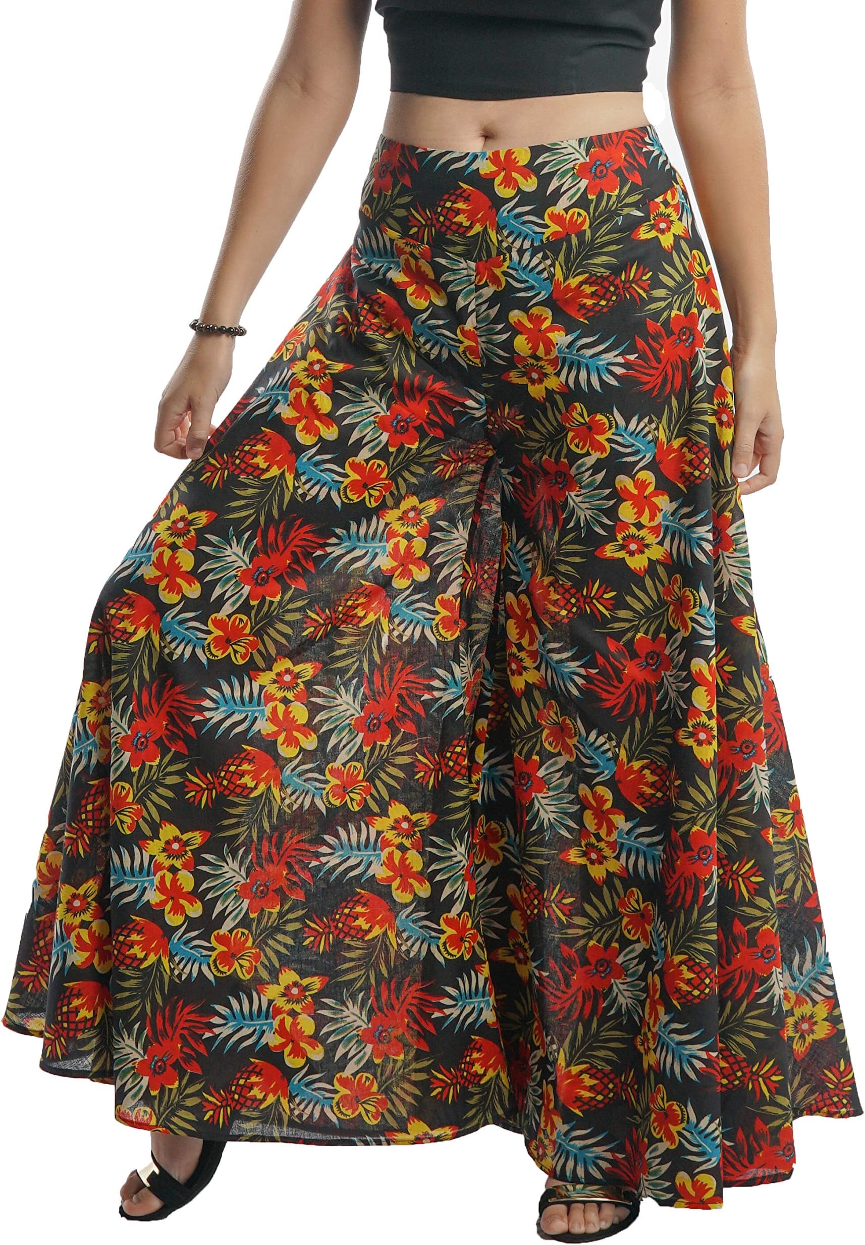 Women's Wide-Leg Cotton Palazzo Pants Multicolored (Small, Floral Black)