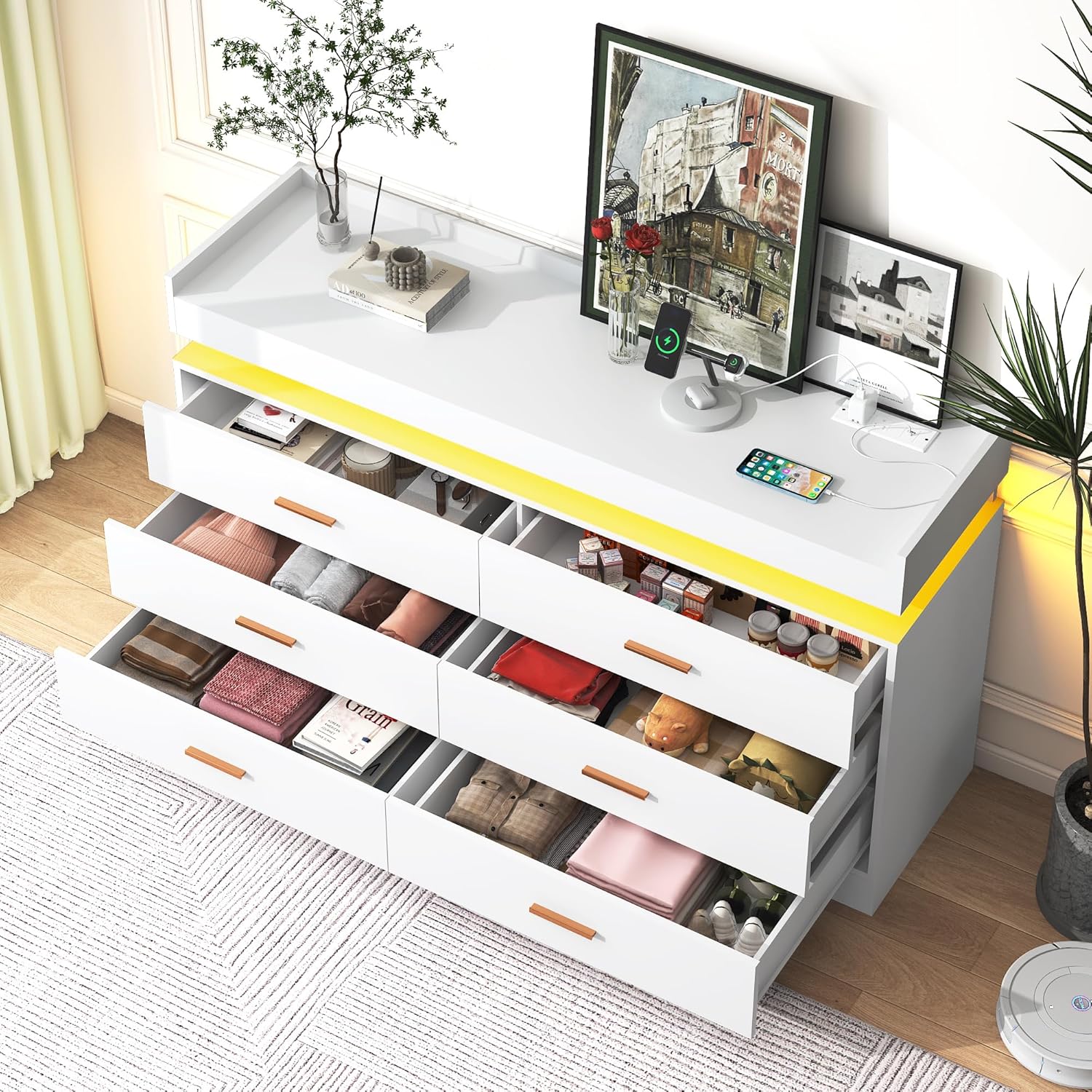 6 Drawer Dresser with Charging Station and LED Lights, Modern Chest of Drawers with Power Outlet, Organizer Cabinet for Bedroom, Living Room, White