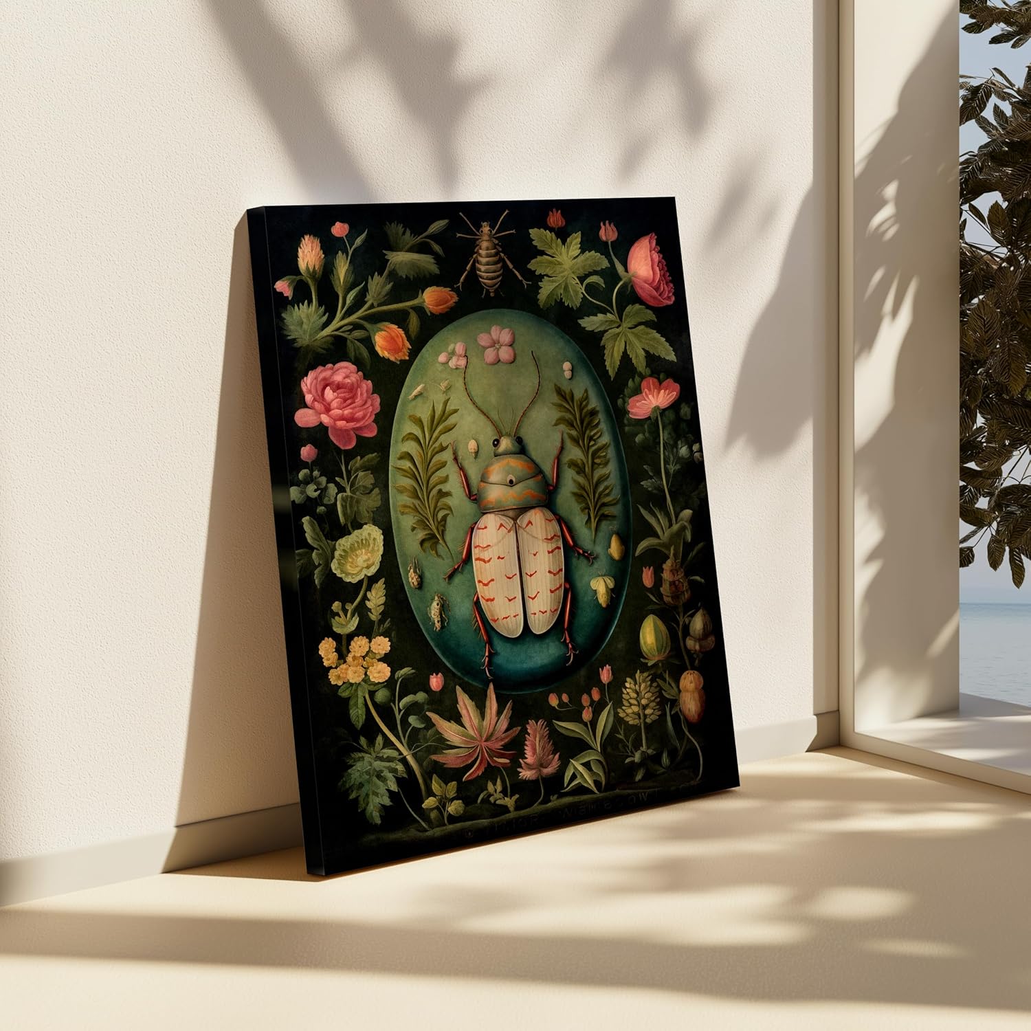 Poster Master Winged Beetle Canvas - Beetle Print - Flower Art - Insect & Floral Art - Gift for Men, Women & Animal Lover - Decor for Office or Living Room - 8x10 STRETCHED Canvas