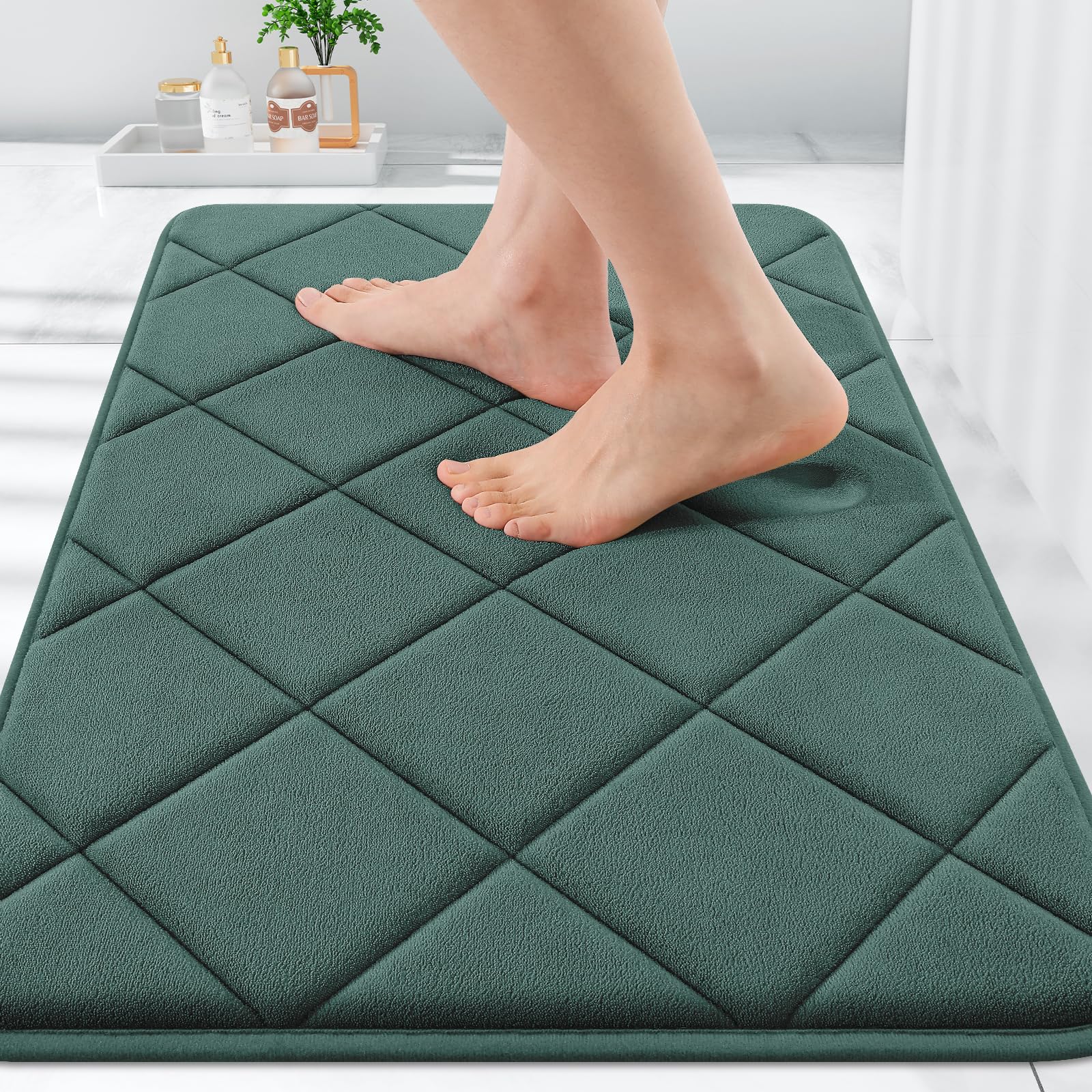 OLANLY Memory Foam Bath Mat 30x20, Ultra Soft and Absorbent Bathroom Rugs, Machine Washable, Comfortable Bath Carpet for Bathroom Floor, Tub and Shower, Dark Green