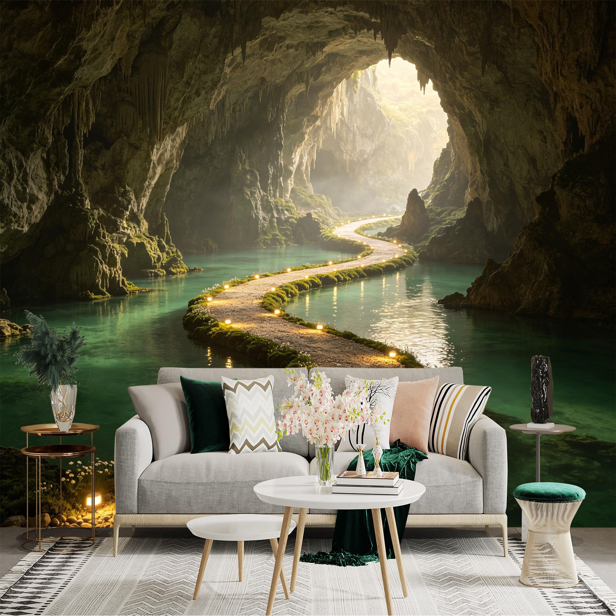 Custom Size Wall Sticker Mural， Mysterious Limestone Cave， Glowing Stone Path， Underground River， Tranquil Nature Landscape， for wall Decoration， peelandstick wall Decals.