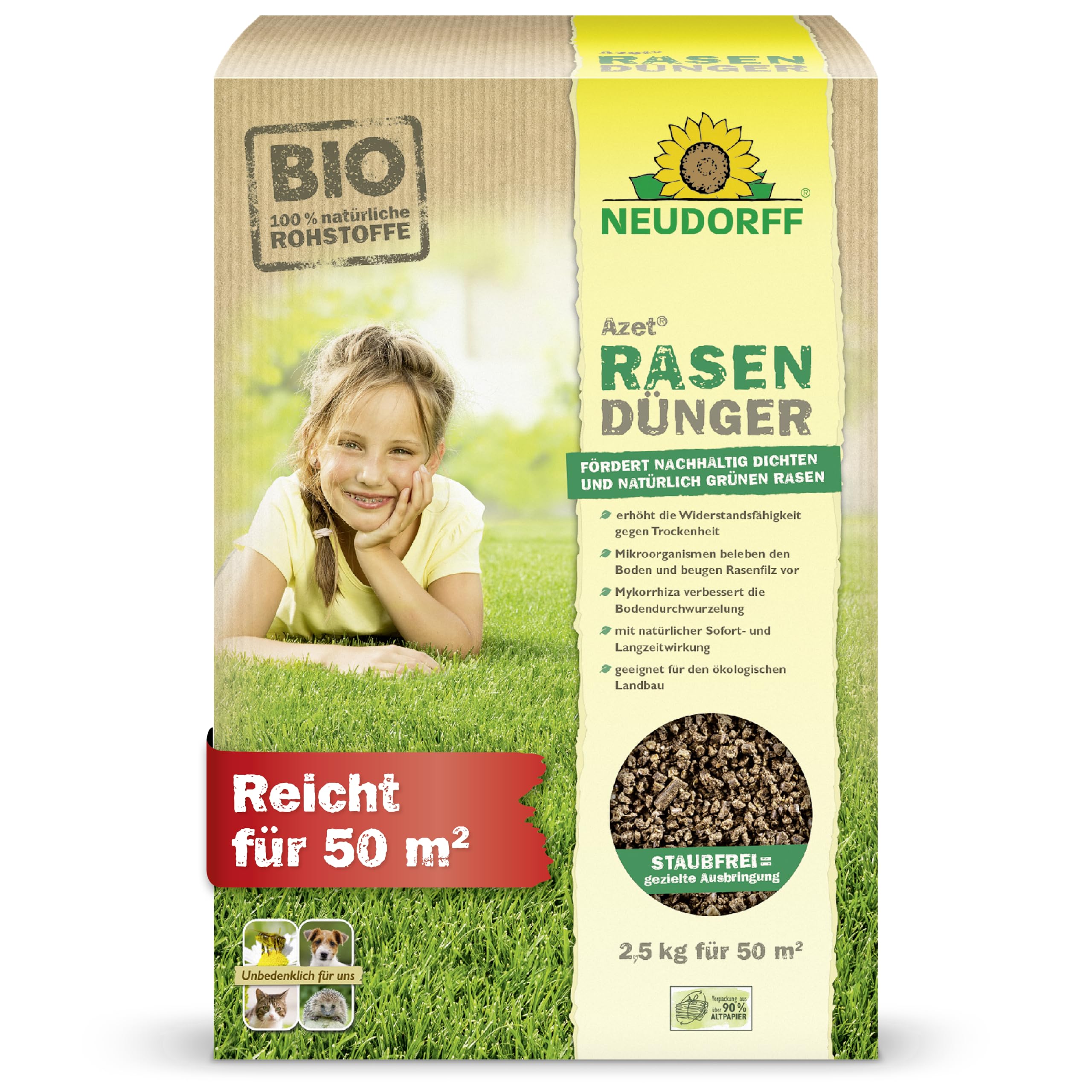 Neudorff Azet RasenDünger für 50 m² mit 6 Monaten Langzeitwirkung - Optimal für Frühjahr und Sommer - Für eine dichte, grüne und strapazierfähige Rasenfläche, 2,5 kg