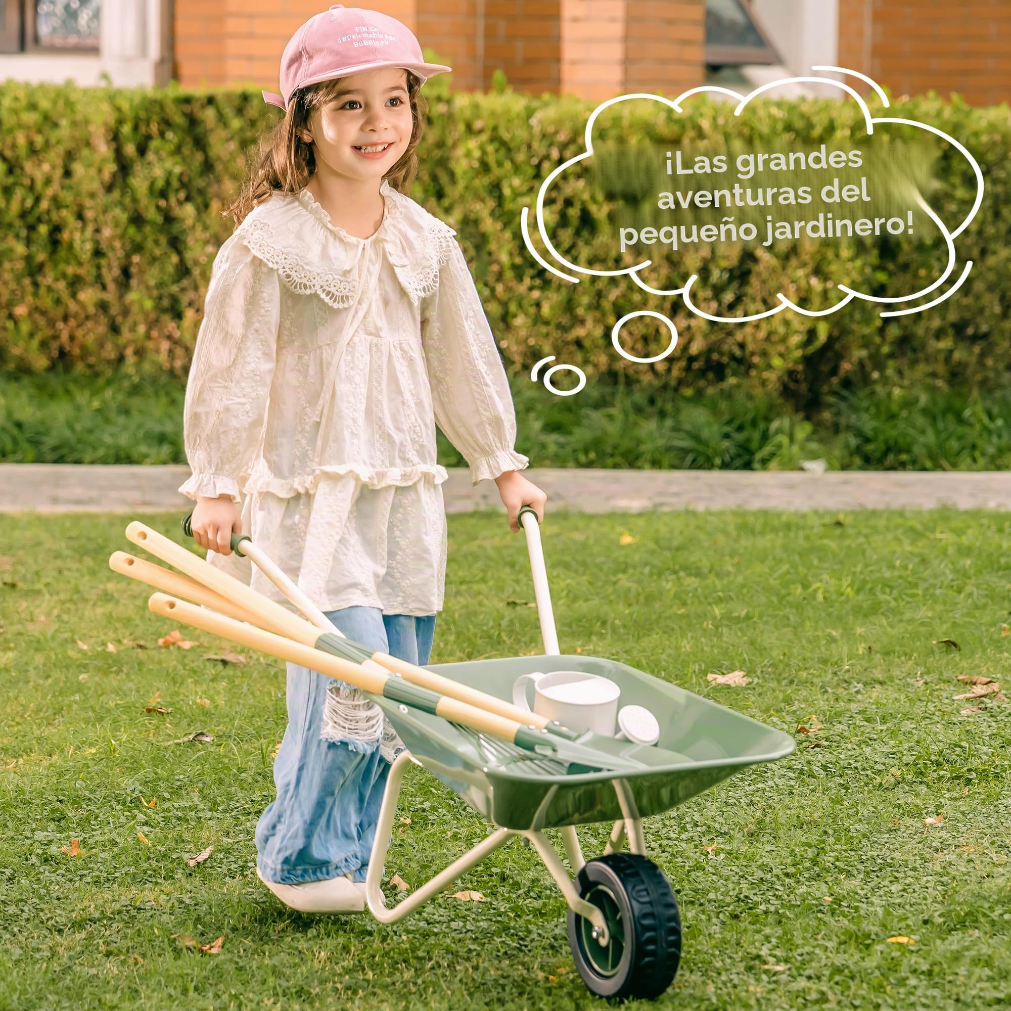 ROBUD Juego de jardín infantil con carretilla – Juguete de jardín con regadera – Juguete educativo para exteriores, granja, regalo para niños y niñas a partir de 3 años (verde)