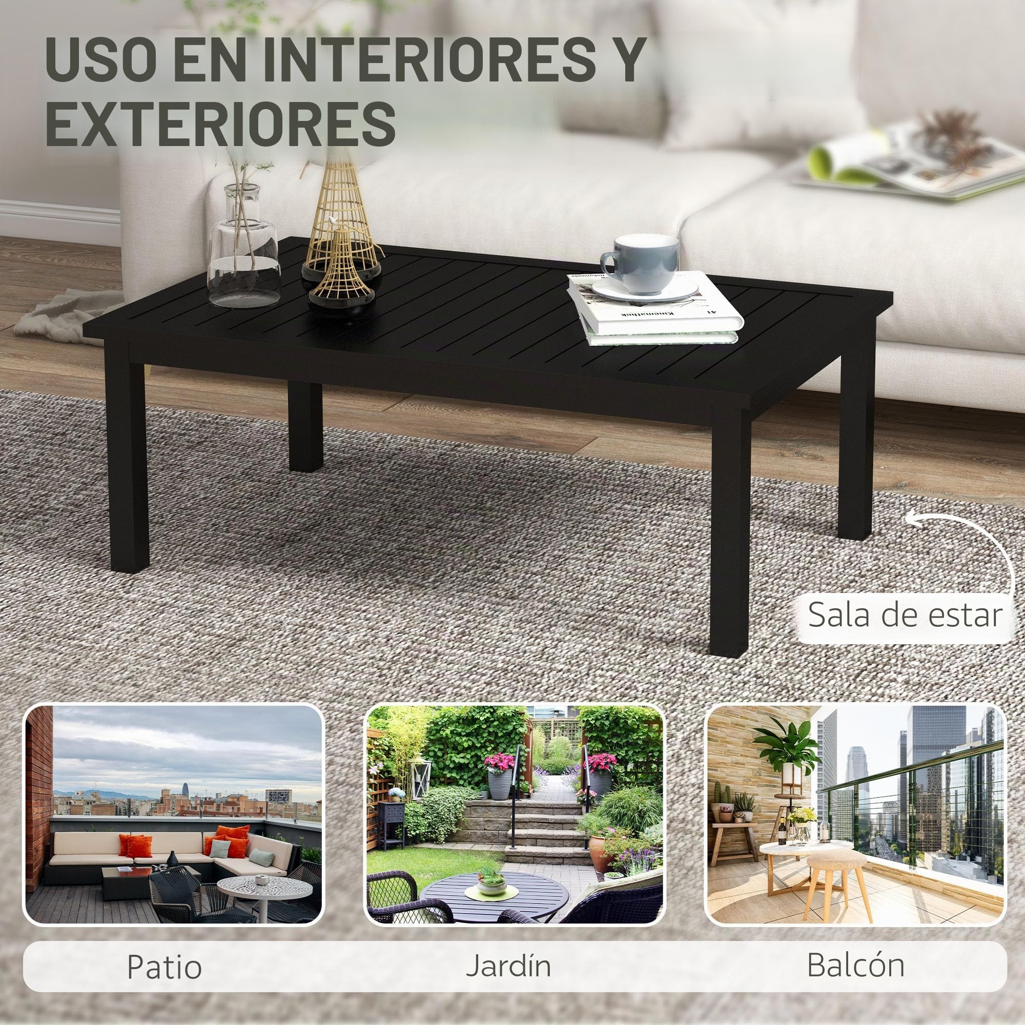 Outsunny Aluminio Mesa de café Exterior con Lamas 100x60 cm Negro | Mesa lateral rectangular para patio, para interior, jardín, balcón