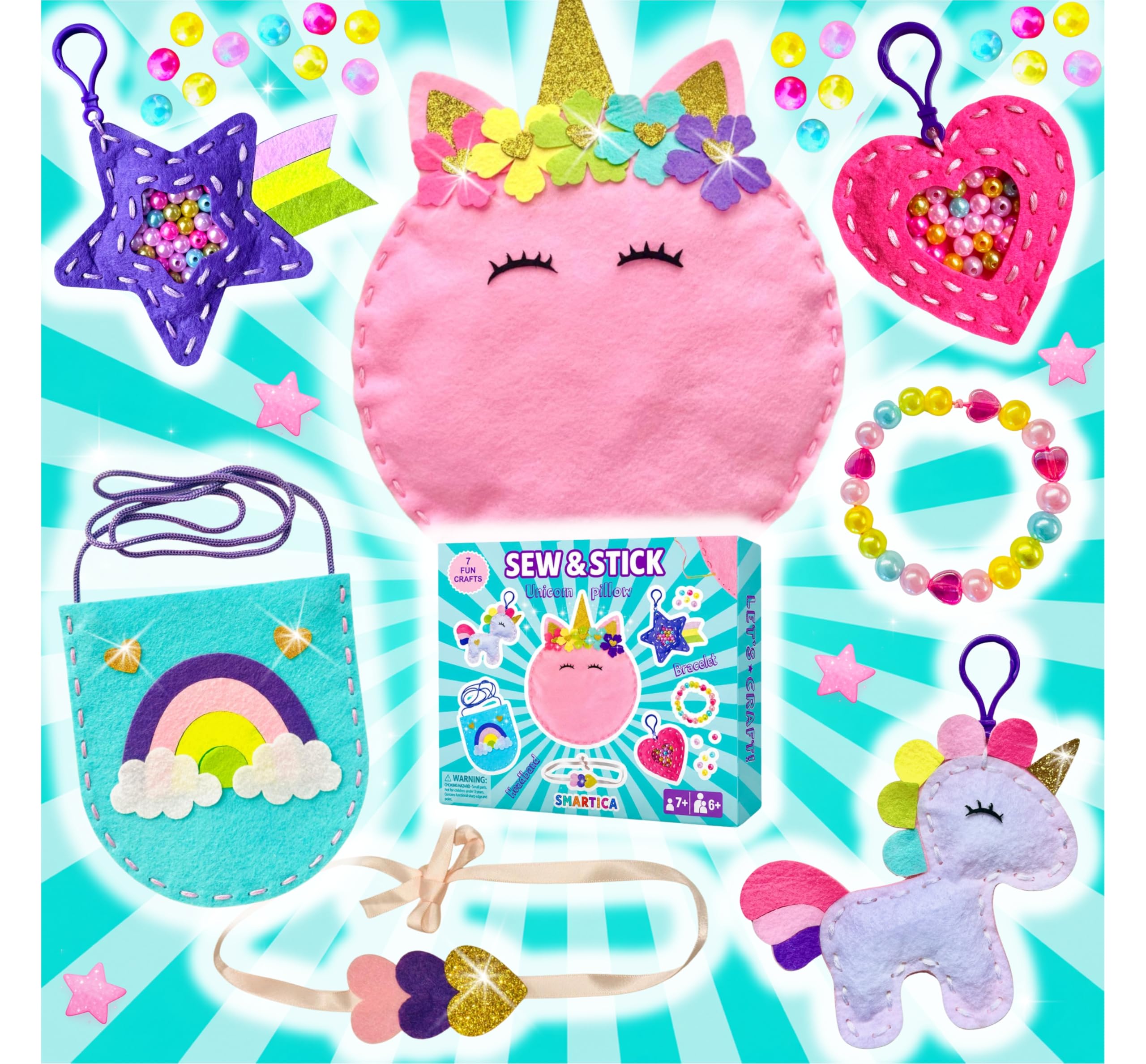 Sewing Kit for Kids Beginners - Creative Craft Gift for Girls age 6 7 8 9 10 -Learn to Sew Craft Kit -Unicorn Gifts for Girls -Make Your Own Unicorn Pillow Headband Bracelet Bag Keychains -Easy Sewing