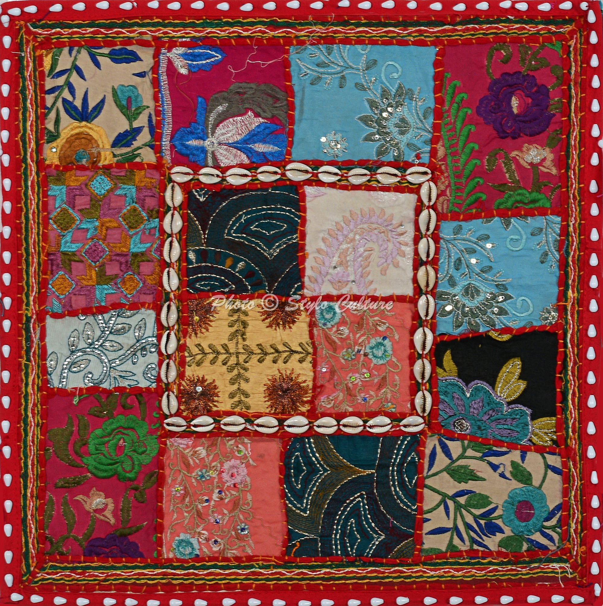 Indische Dekorativ Baumwolle Couch Kissenbezüge 40x40 cm Rot Dekokissen Gesticktes Patchwork Schlafzimmer Sofa Kissen Bezüge Blumen Quadrat Umschlagverschluss 16x16 Kissenhullen - 4 Stk.