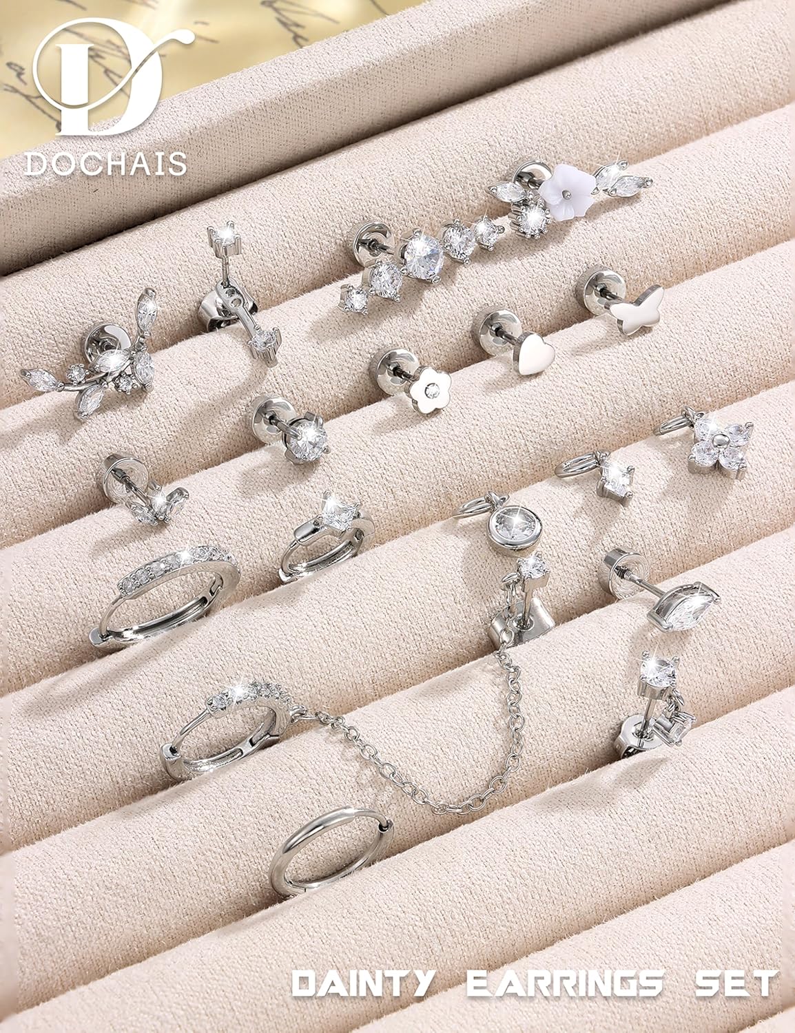 18 PCS Single Cartilage Studs Earrings Women Trendy 14k Gold Plated Flat Back Earings Stacks Dainty Small Pendant Dangle Huggie Hoops Earring Cubic Zirconia Flatback Stud Sets for Multiple Piercing - Image 6