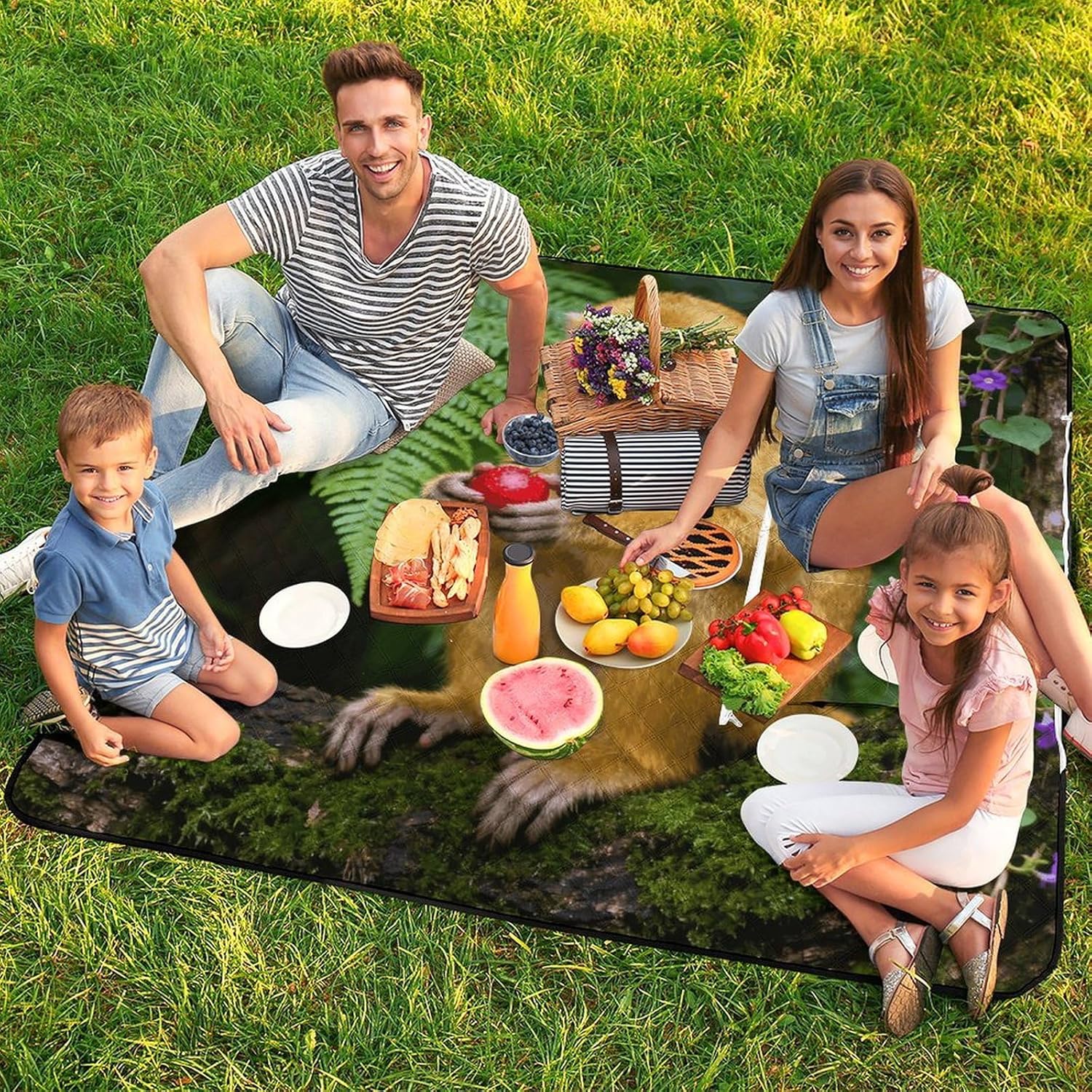 Golden Monkey in The Forest Picnic Blanket with Zipper Water Resistant Sand Free Picnic Mat Washable Foldable Easy Carry Beach Blanket for Lawn Beach Hiking Camping