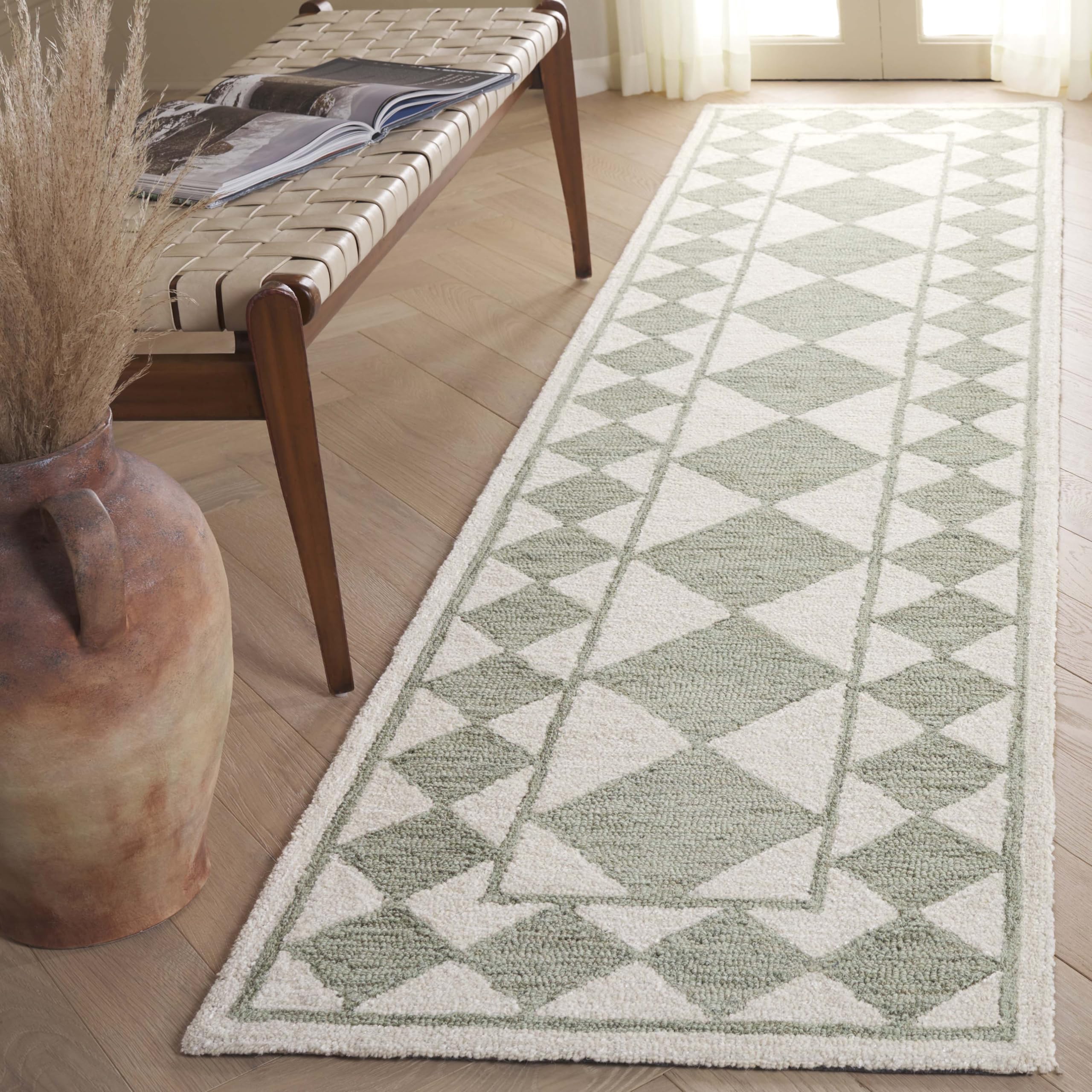 SAFAVIEH Ebony Collection Area Rug - 2'3" x 9' Runner, Sage/Ivory, Geometric Design, Ideal for High Traffic Areas in Living Room, Bedroom, Dining (