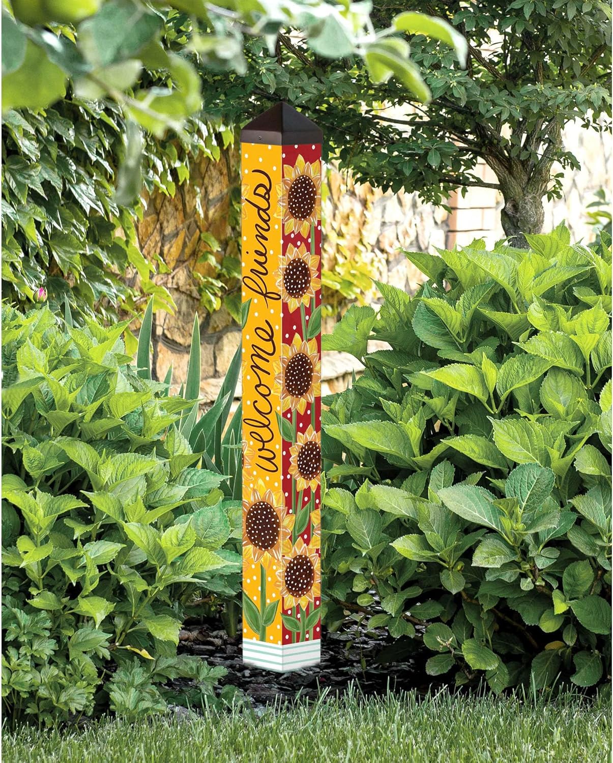 Studio M Art Pole Outdoor Decorative Accessory for Landscaping, Gardens, and Yards, 40 Inches Tall Weather Resistant PVC with Vinyl Wrap, Playful Sunflowers