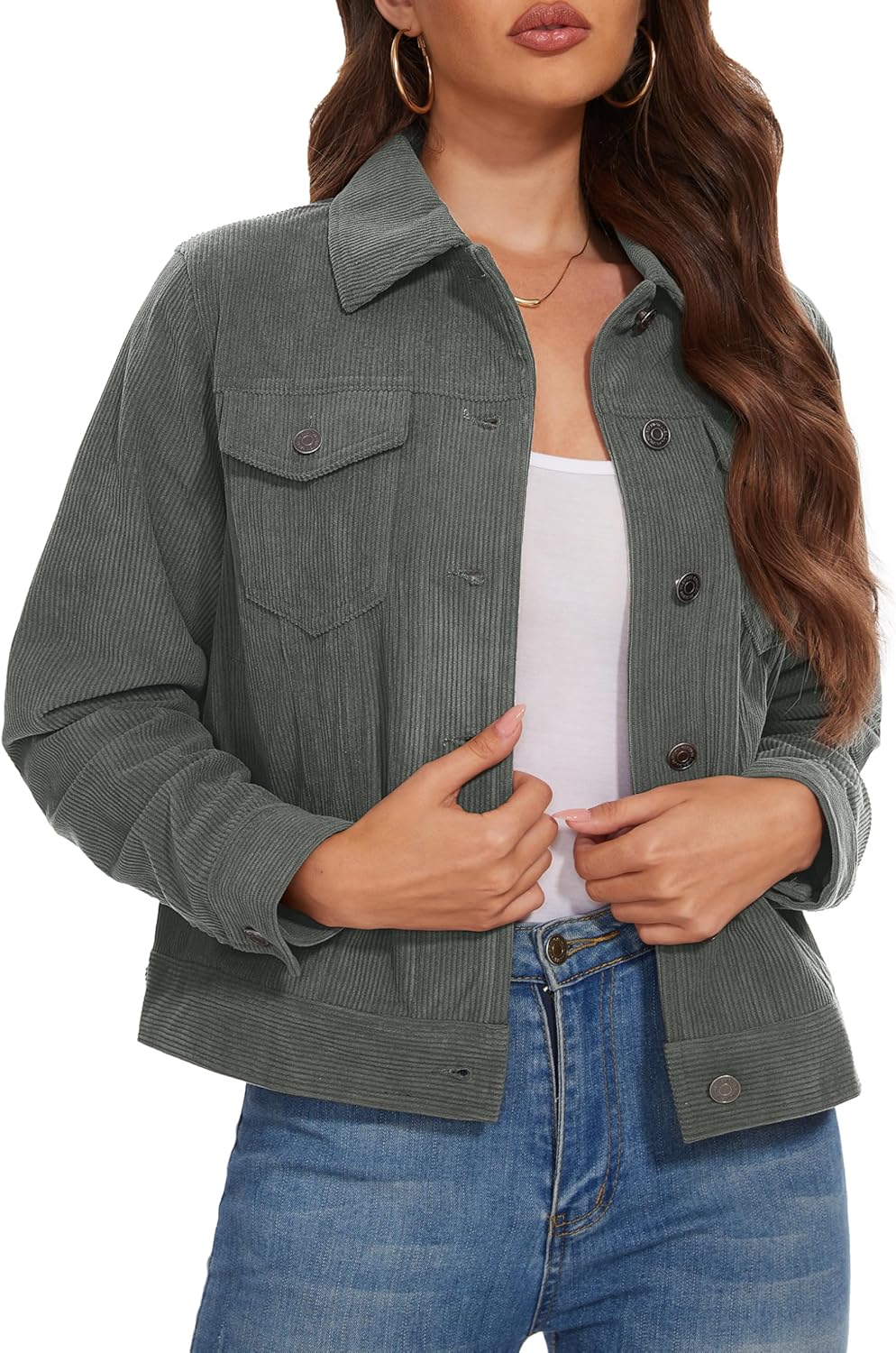 MAGCOMSEN Women's Corduroy Jacket Fashion Cropped Jackets Button Down Shacket Long Sleeve Outerwear with Flap Pockets