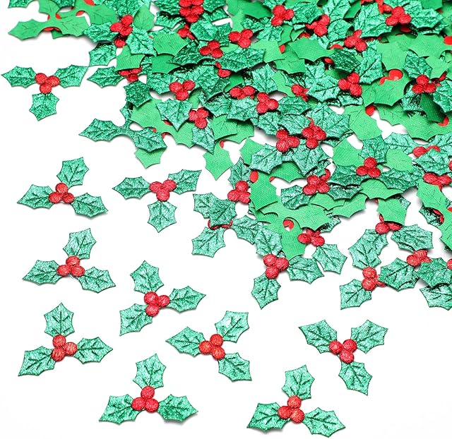 300PCS Artificial Holly Berries Leaves - Vaktop Christmas Holly Leaves and Berries, Mini Triple Leaf Holly Berry Embellishments - for Christmas Card, Gift Tags, Table, DIY Craft Decorations