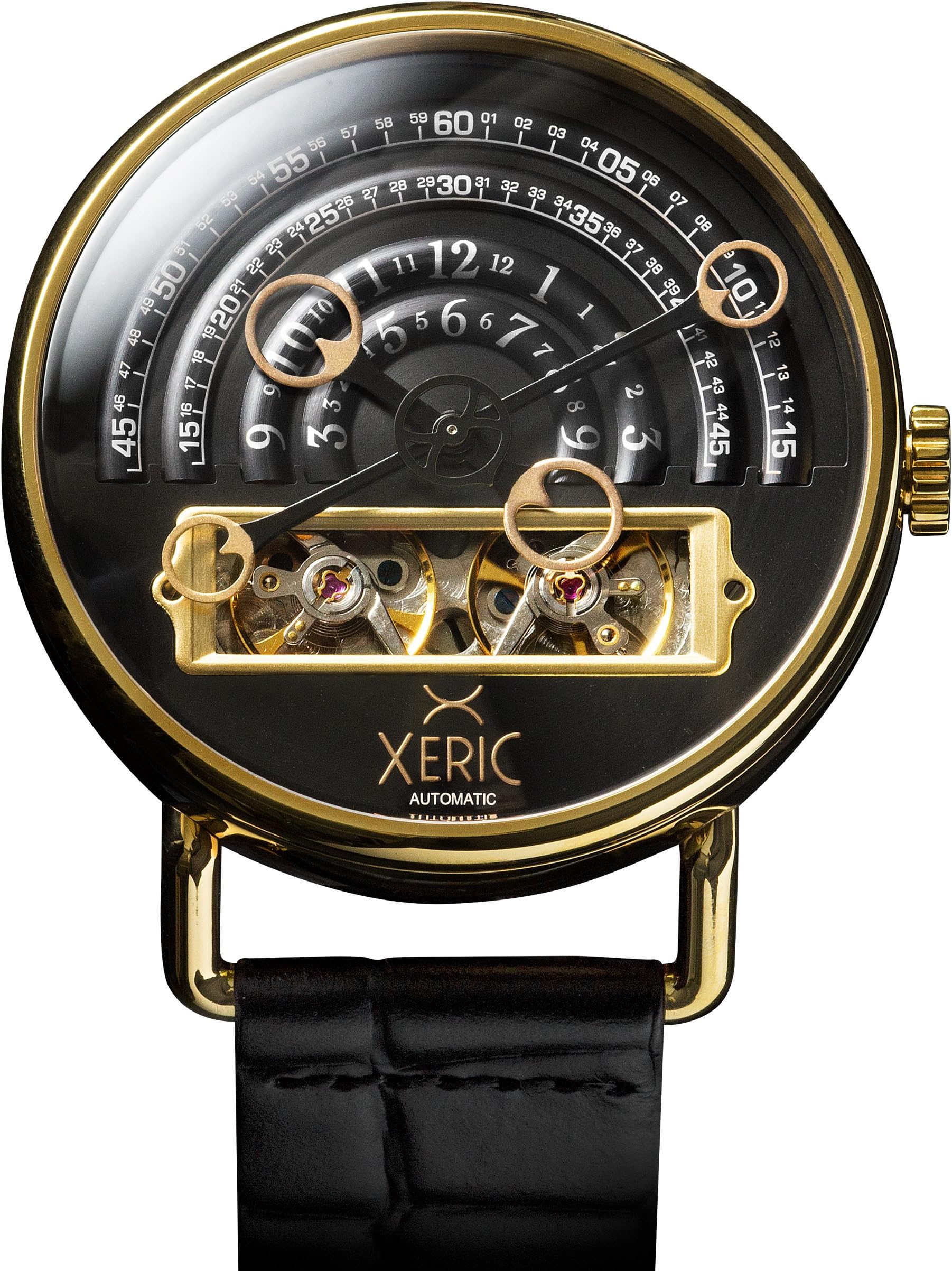 Xeric Men's Stainless Steel Automatic Self Wind Watch with Leather Strap, Black (Model: HLG-3019)