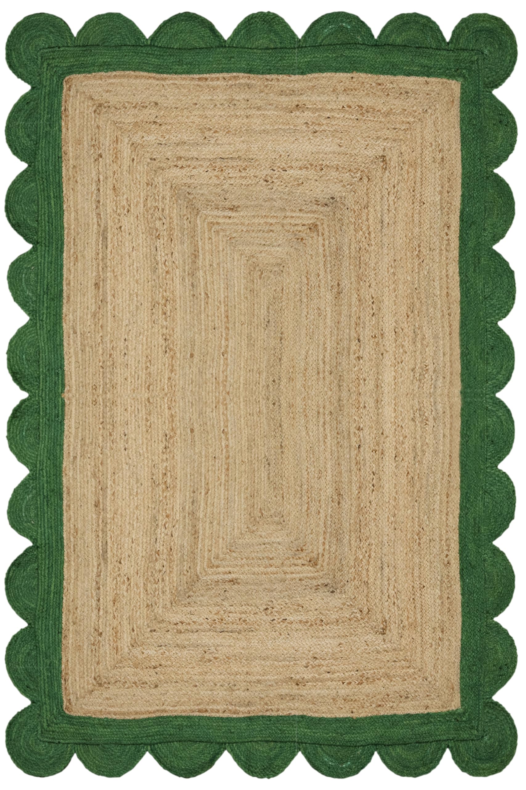 Tapis en jute tressé beige et vert 61x122cm à bordure festonnée pour couloir