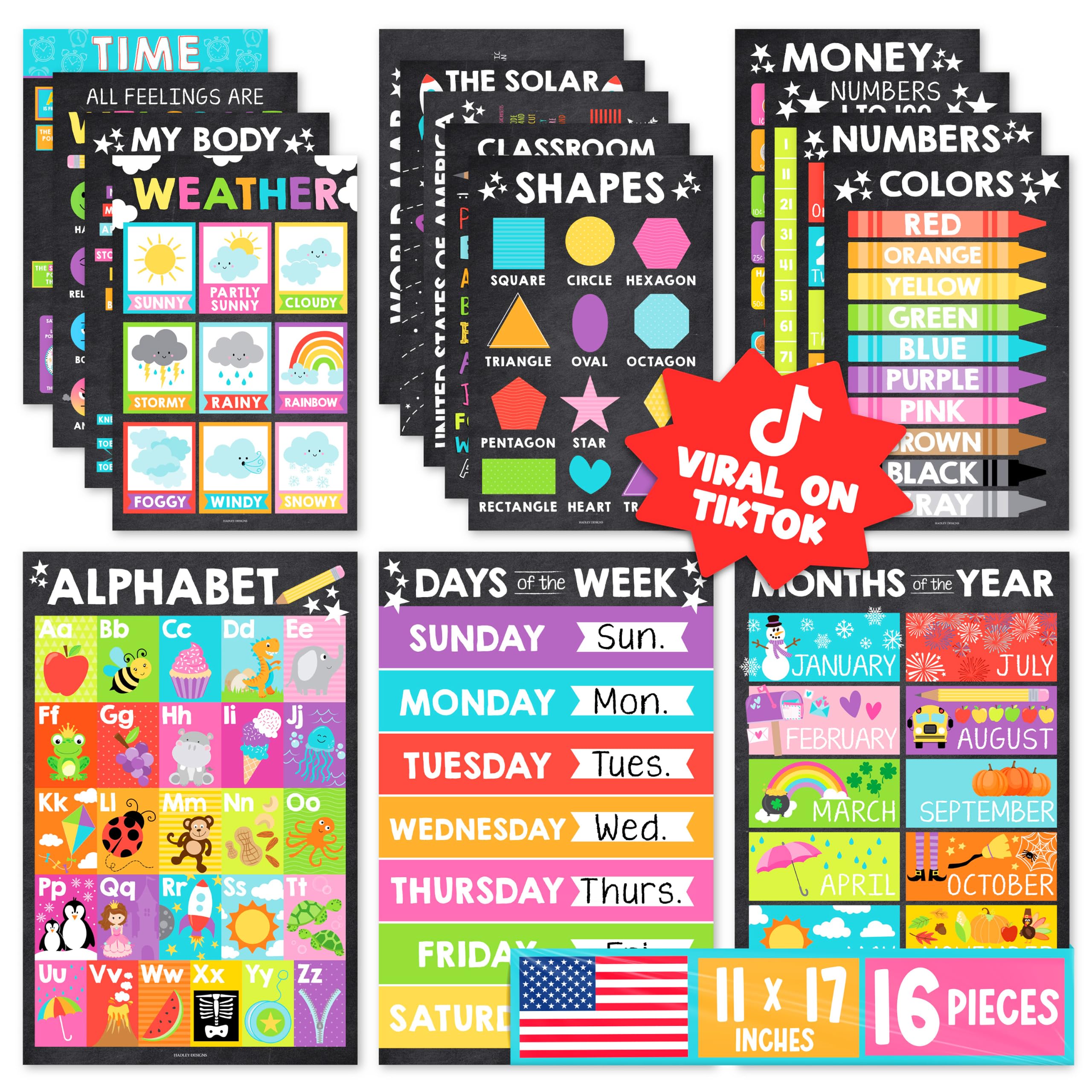 16 Colorful Kids Educational Posters For Toddlers - Pre K Learning Posters For Toddlers 1-3, Kindergarten Homeschool Supplies, Alphabet Poster For Toddlers, Teacher Posters For Classroom Posters…
