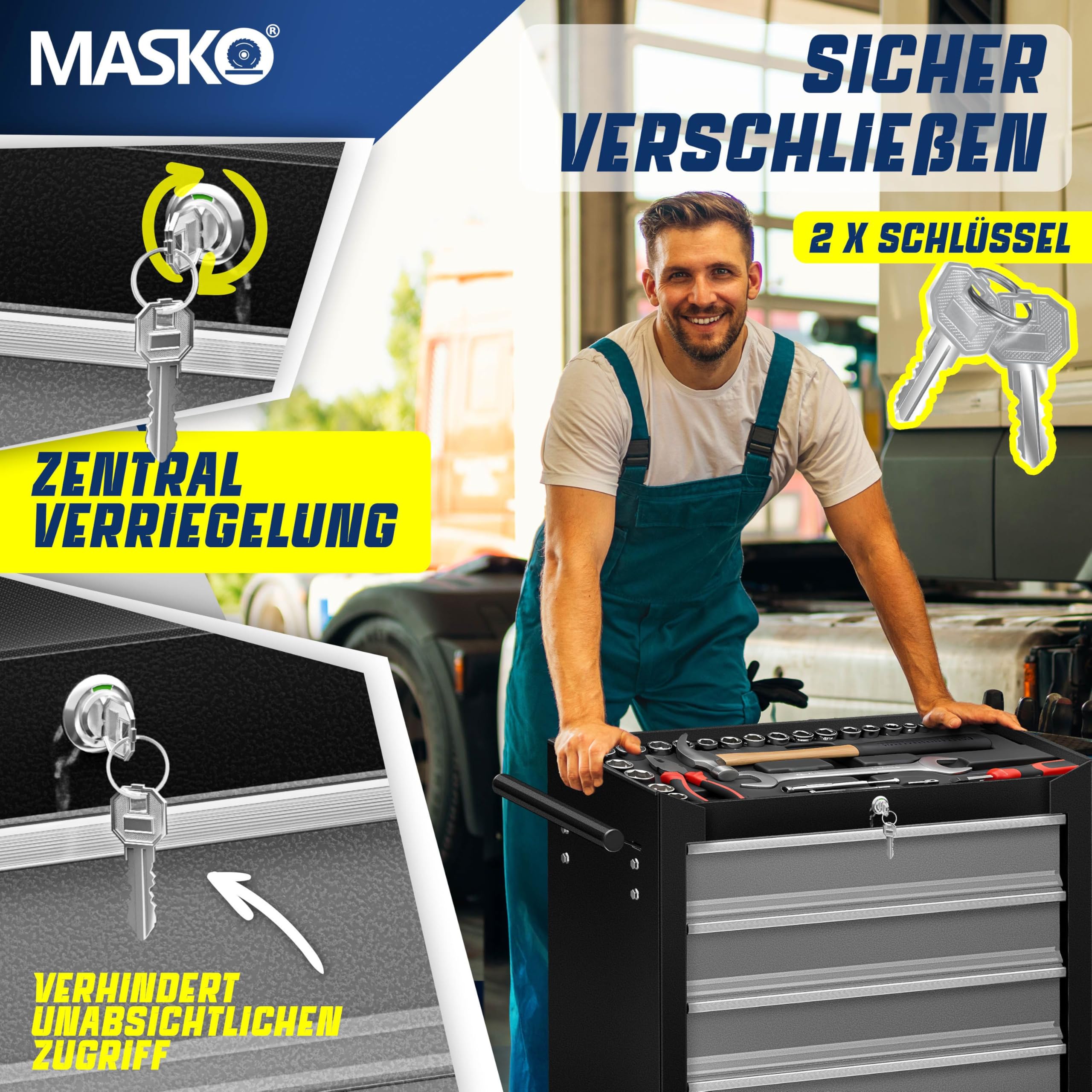 MASKO® Carro de taller - 5 cajones, con cerradura | Metal macizo | Carro de herramientas móvil sin herramientas | Carro de taller profesional sin equipamiento | Carro con ruedas para almacenamiento de