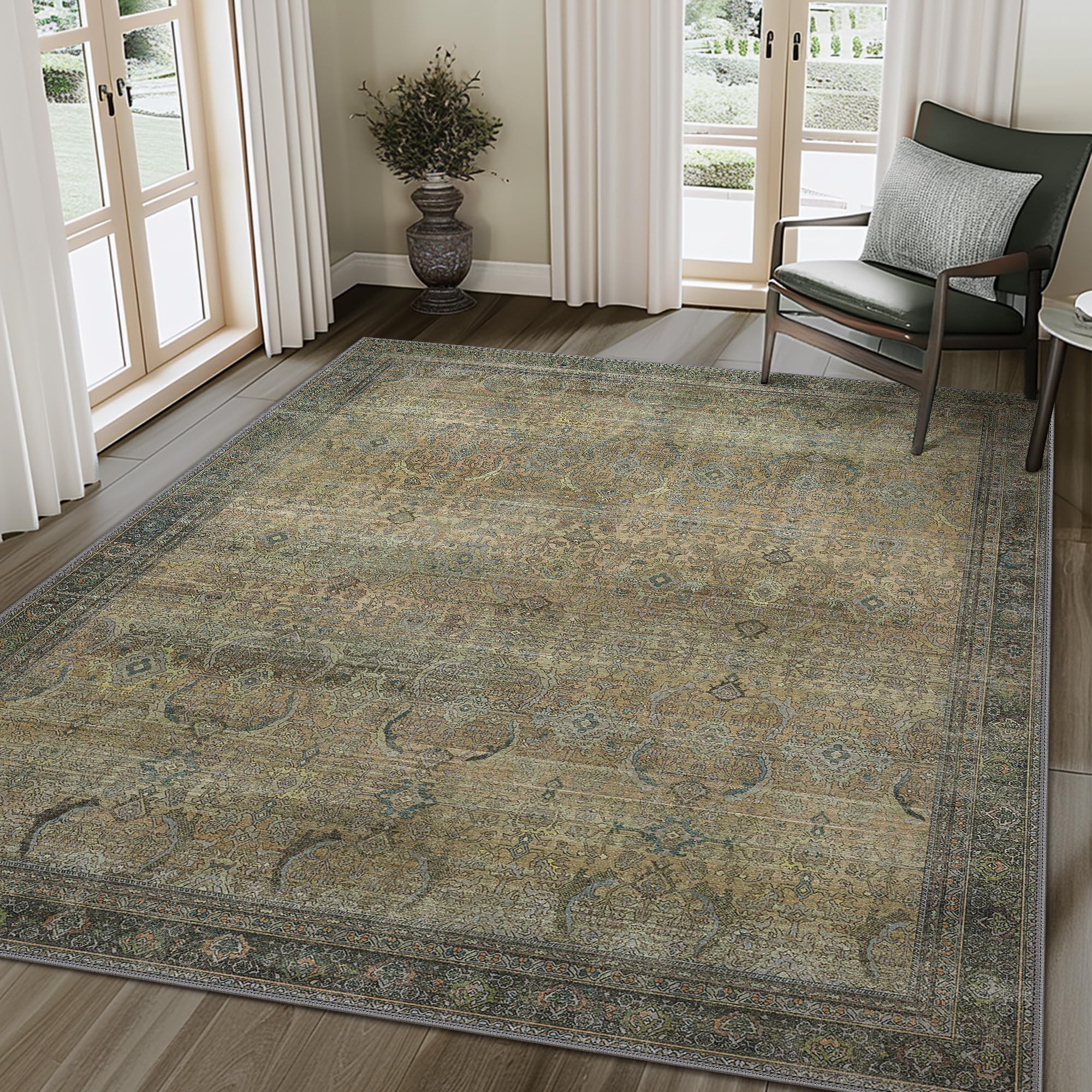 3X5 Area Rugs Machine Washable Rugs for Living Room, Vintage Boho Large Rugs for Bedroom Dining Room, Non Slip Indoor Soft Distressed Lightweight Thin Low Pile Carpet, Vintage SunsetOEKO-TEX STANDARD 100