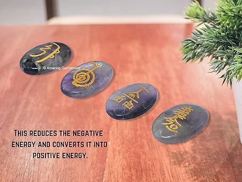 Miniatura 5 de Amazing Gemstone Piedras de Reiki de cristal de amatista con símbolos grabados para curación Usui Reiki, juego de 4 piezas (juego de regalo de Reiki