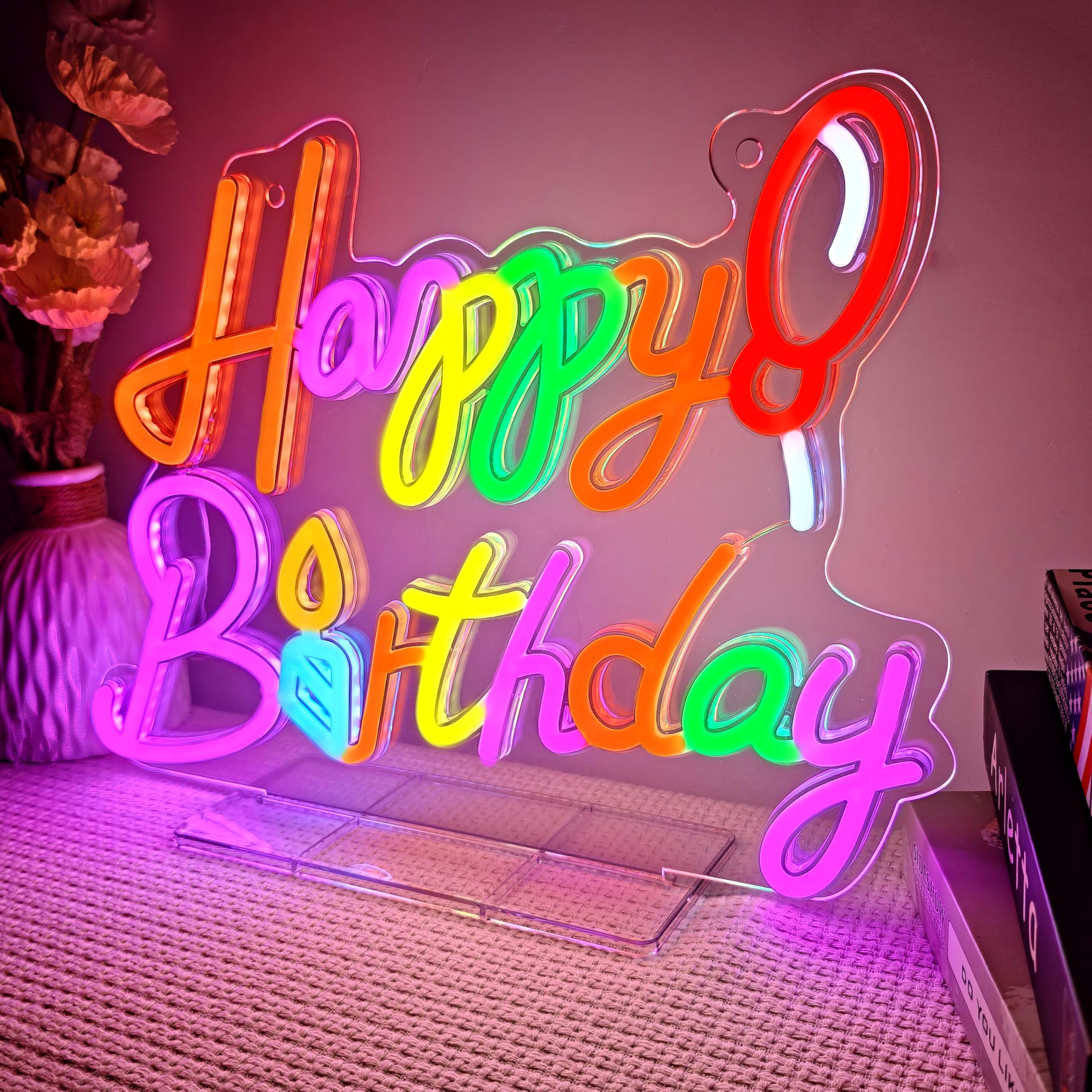 'Happy Birthday' neonowy znak LED z balonem i świecą, wielokolorowy, dekoracja na imprezę, do fotobudki i wydarzeń, zasilany przez USB, znak na prezent urodzinowy, 40 x 20 cm