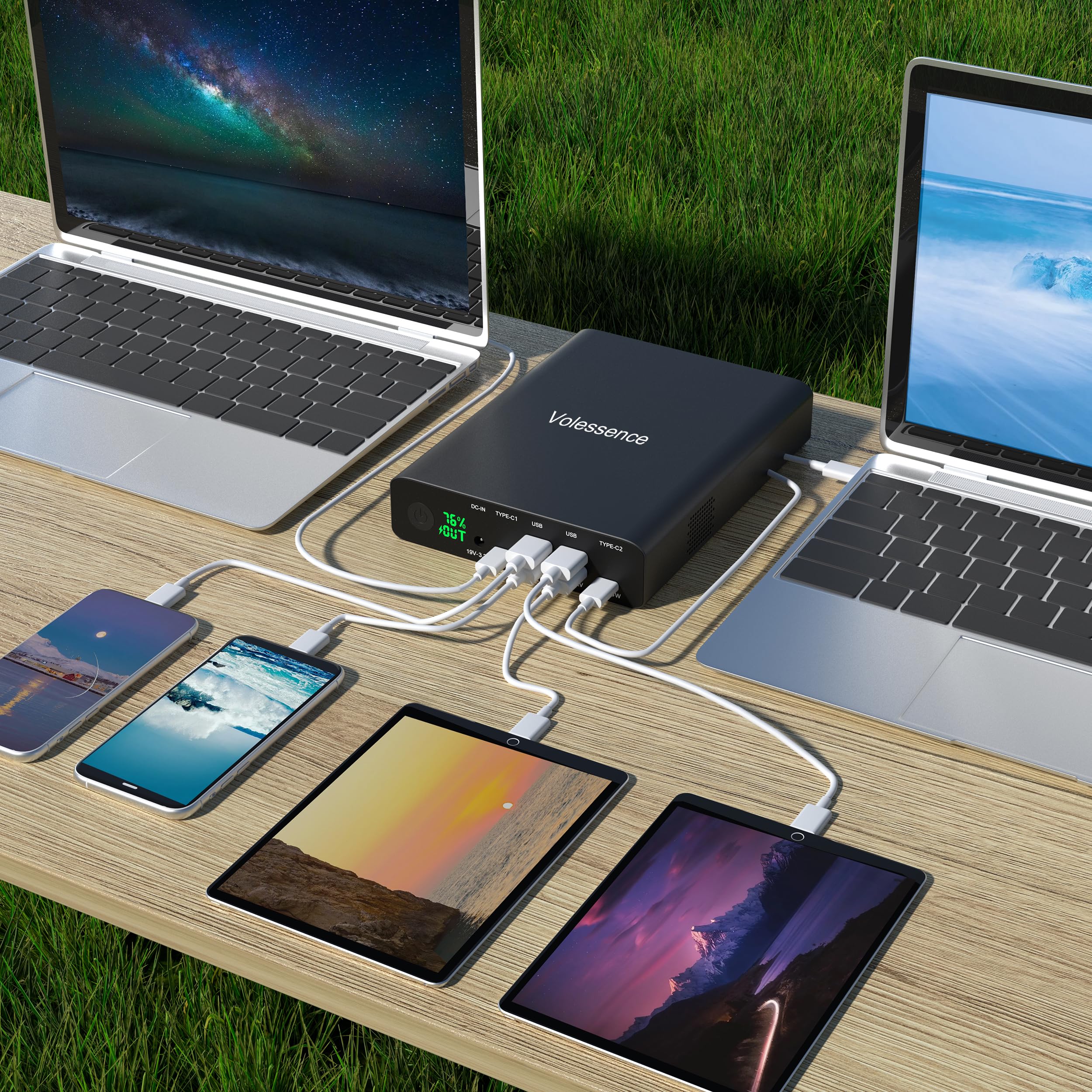 Cargador portátil Volessence de 64 000 mAh, PD 100 W, USB C de alta capacidad, con salidas de CC de 12 V/16 V/20 V/24 V, carga rápida, cargador para teléfono y portátil, paquete de batería para MacBoo