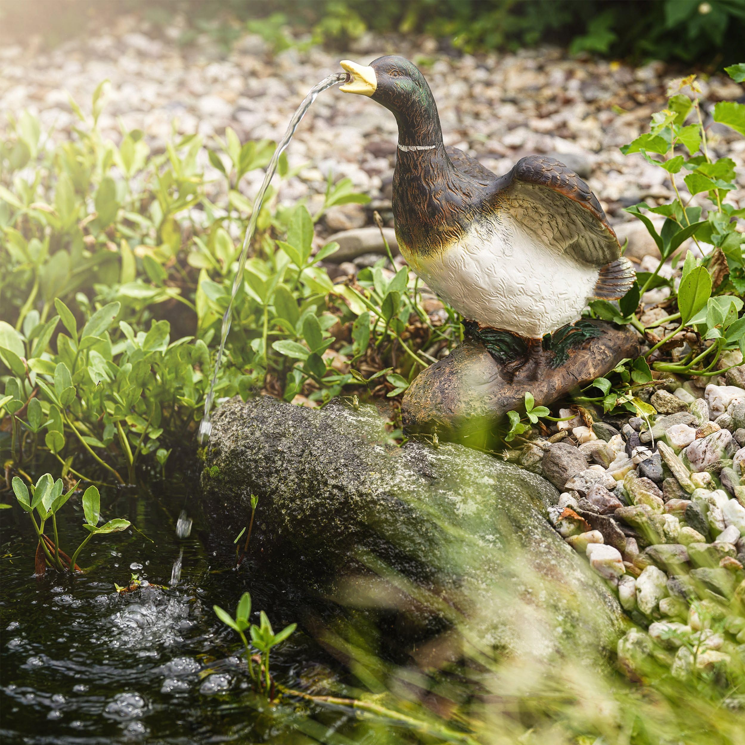 esotec Wasserspeier Figuren Ente Lucky Duck, Einzelfigur Teichfigur, Gartenstatue, Brunnenfigur, Gartenteichfigur, Wasserspiel Terrasse, Balkonbrunnen, Quellstein, Kunststein, Polyresin, 100739