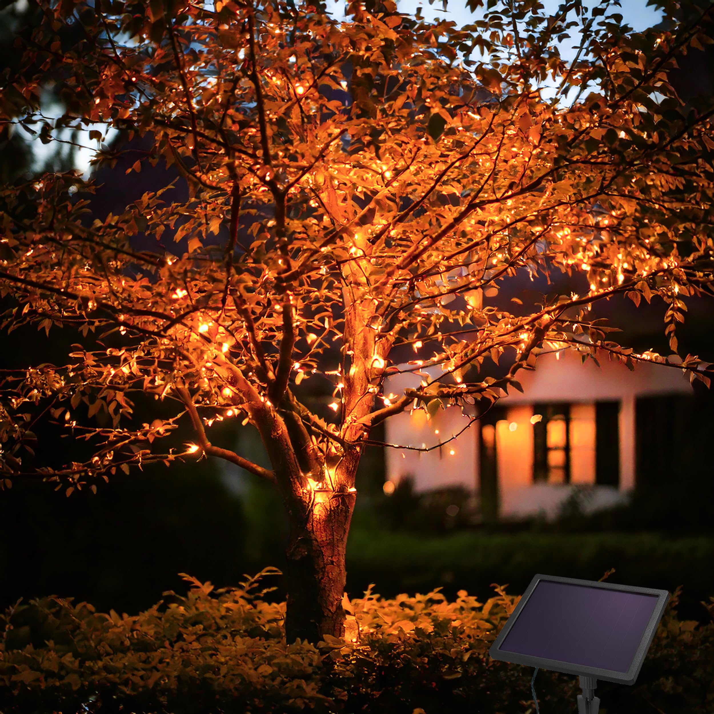 Esotec Solar LED-Lichterkette, 200 LEDs bernsteinfarben, 20m LED-Kette, LiFePO4 Akku, Solarmodul, Weihnachtsbeleuchtung outdoor, Gartendeko, winterfest, wetterfest 102569
